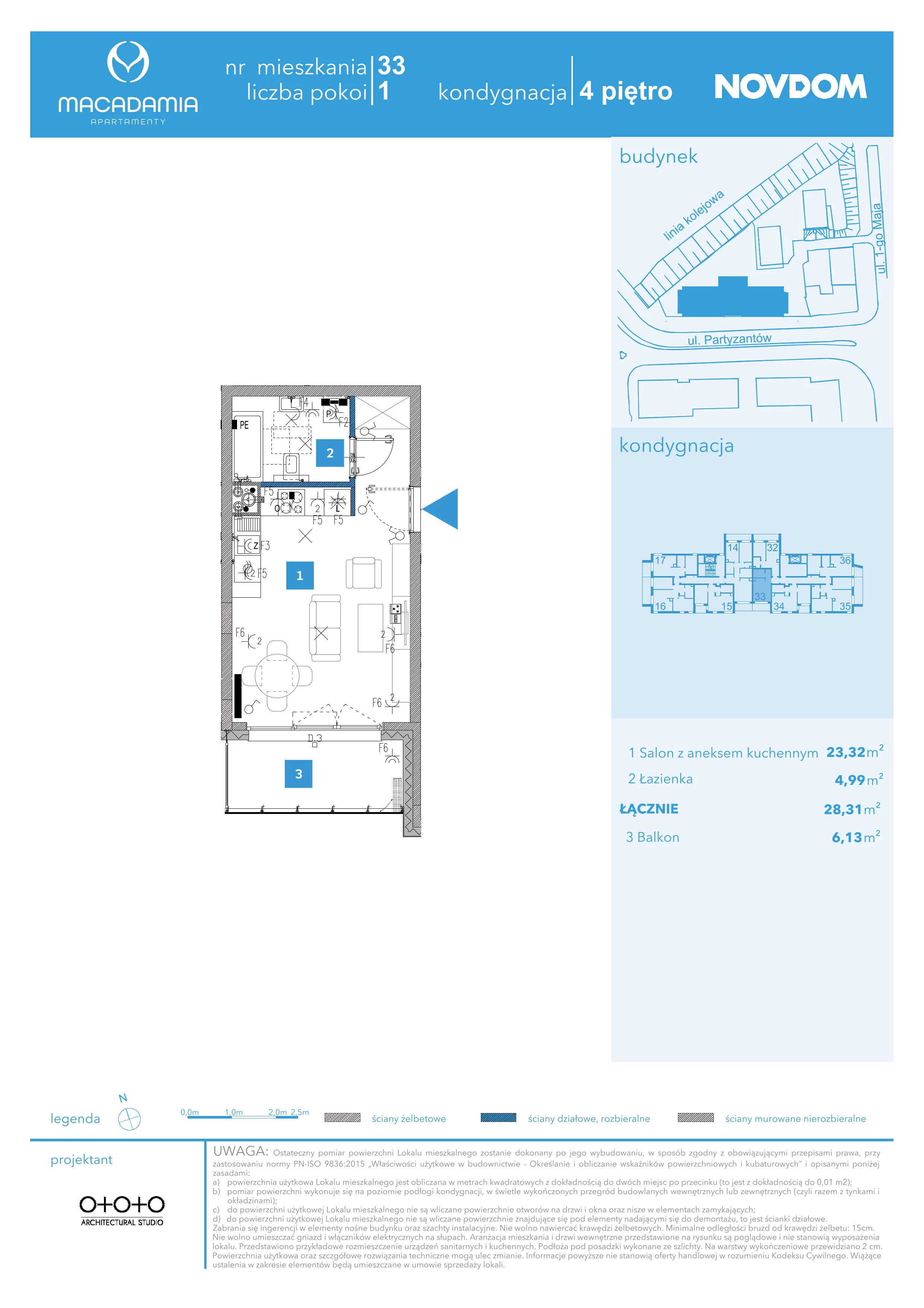 1 pokój, apartament 28,31 m², piętro 4, oferta nr 1/33, Apartamenty Macadamia, Olsztyn, Śródmieście, ul. 1 Maja