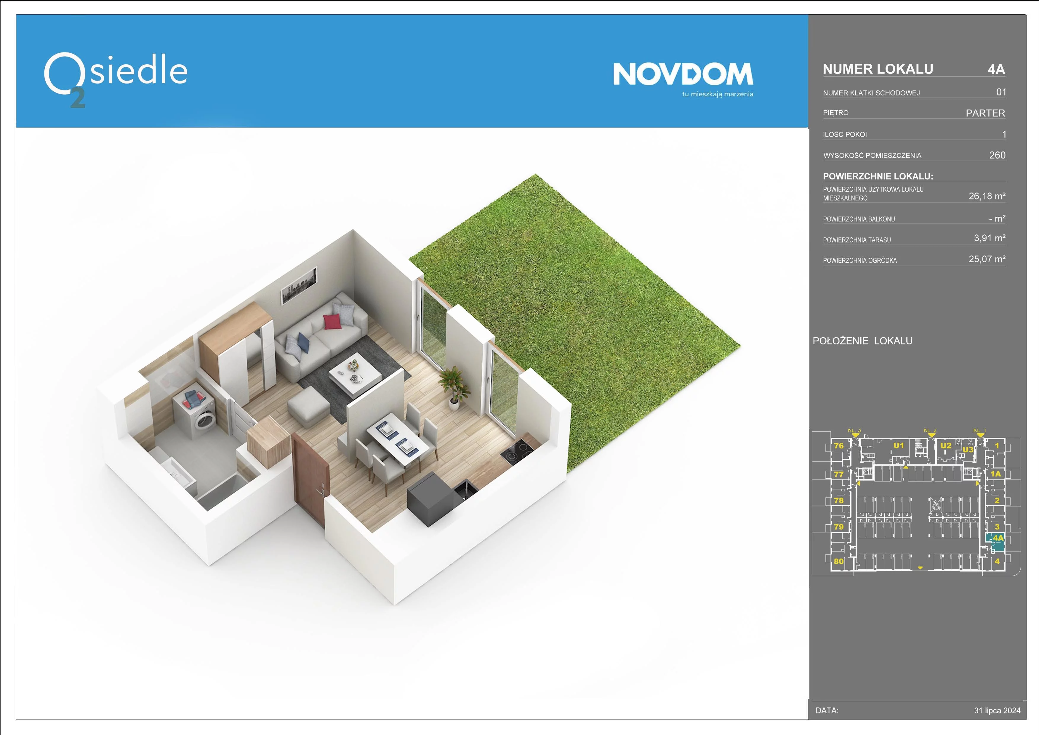 1 pokój, apartament 26,18 m², parter, oferta nr B/4a, Osiedle O2, Płońsk, ul. Klonowa