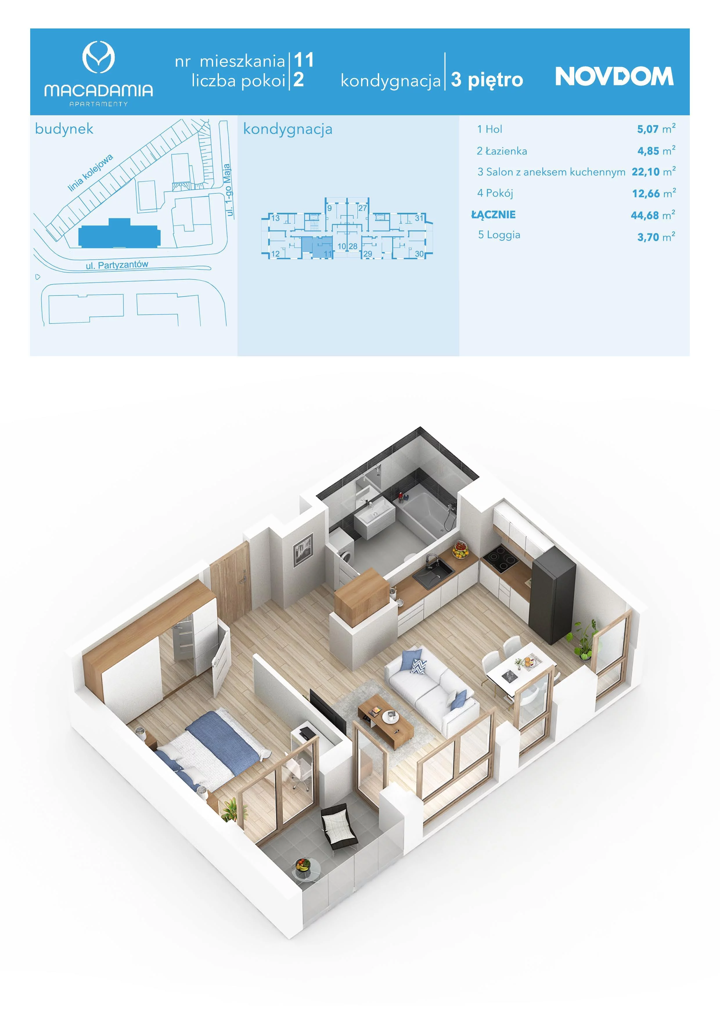 Apartament 44,68 m², piętro 3, oferta nr 1/11, Apartamenty Macadamia, Olsztyn, Śródmieście, ul. 1 Maja