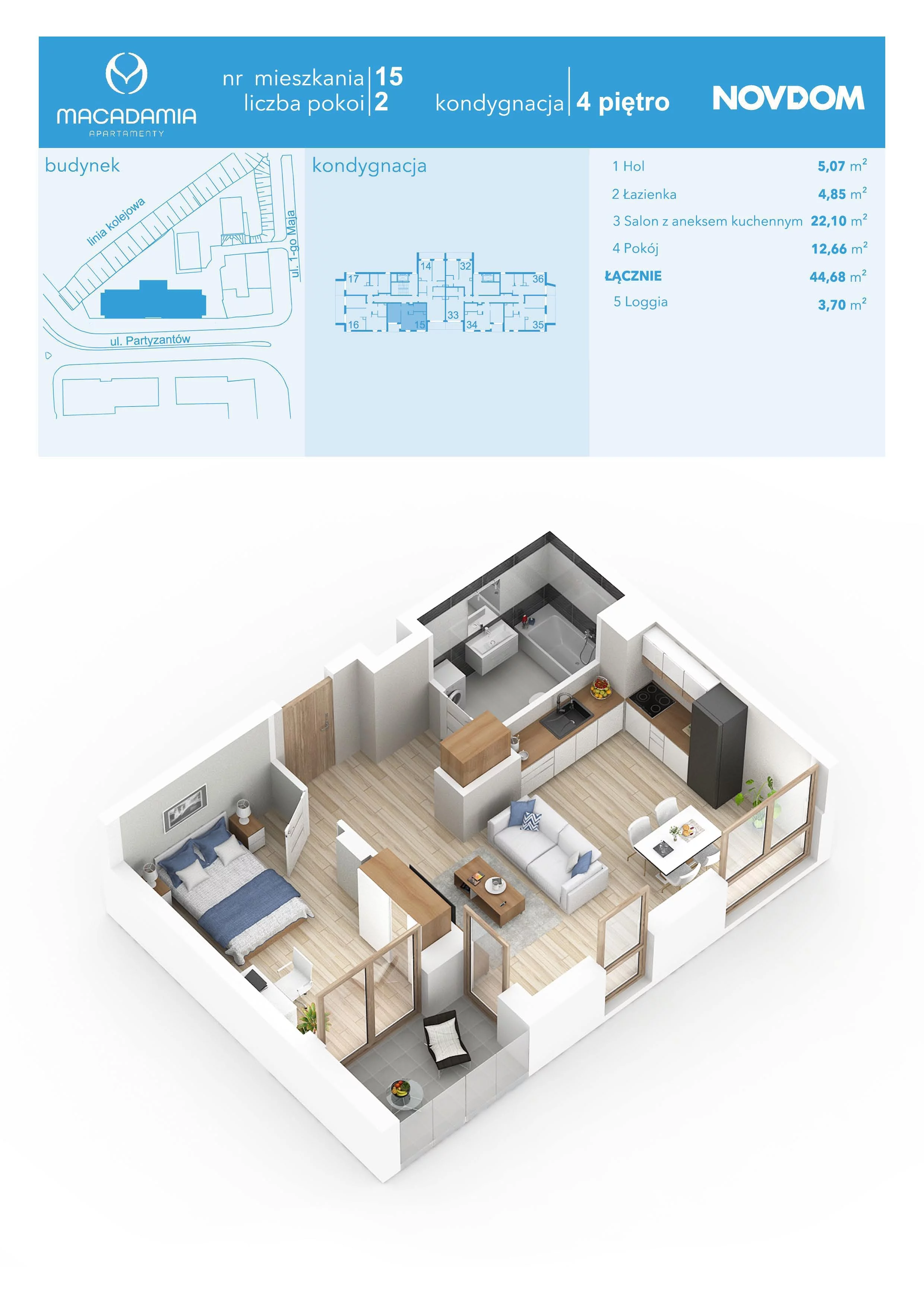 Apartament 44,68 m², piętro 4, oferta nr 1/15, Apartamenty Macadamia, Olsztyn, Śródmieście, ul. 1 Maja