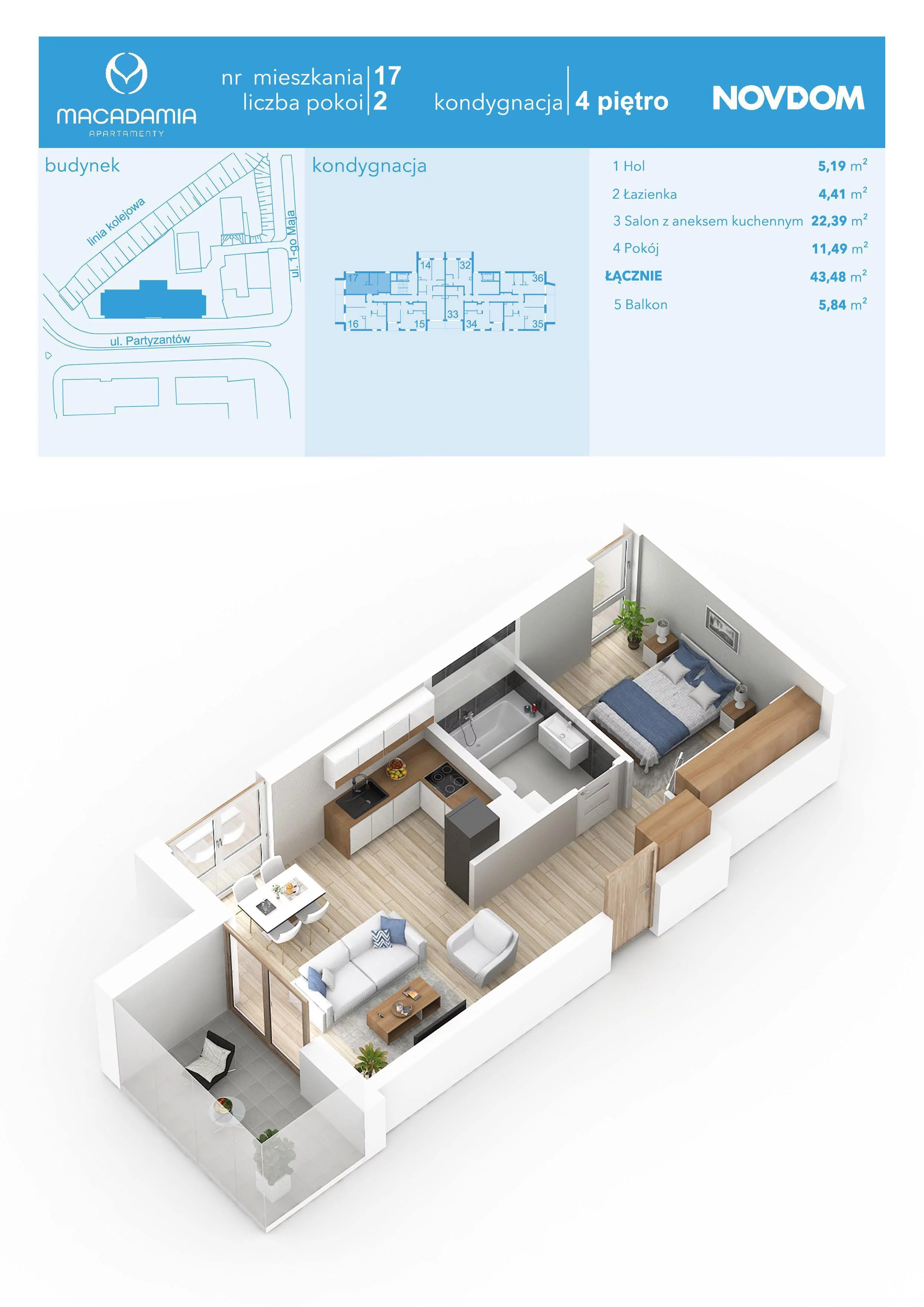 Apartament 43,48 m², piętro 4, oferta nr 1/17, Apartamenty Macadamia, Olsztyn, Śródmieście, ul. 1 Maja