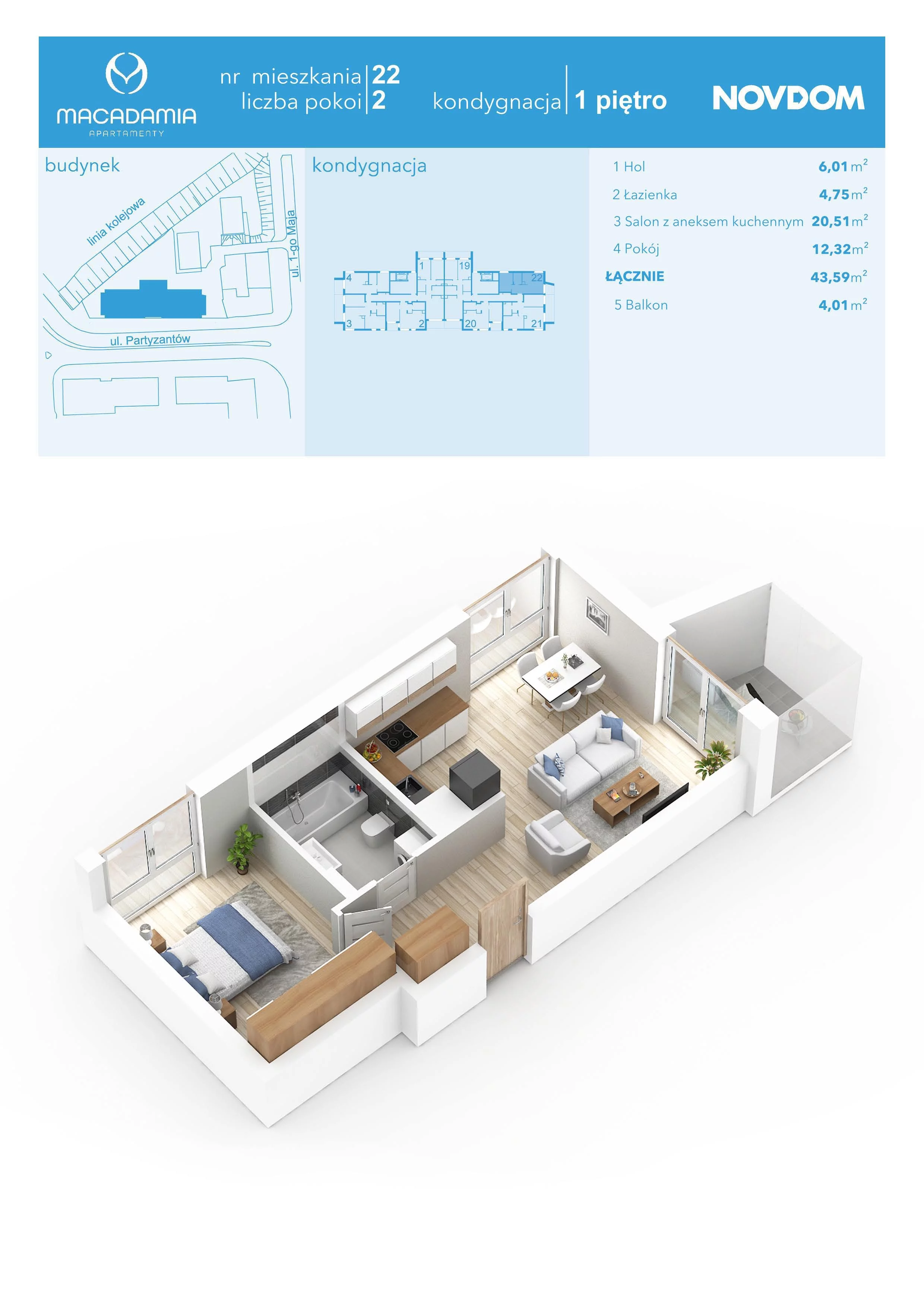 Apartament 43,65 m², piętro 1, oferta nr 1/22, Apartamenty Macadamia, Olsztyn, Śródmieście, ul. 1 Maja