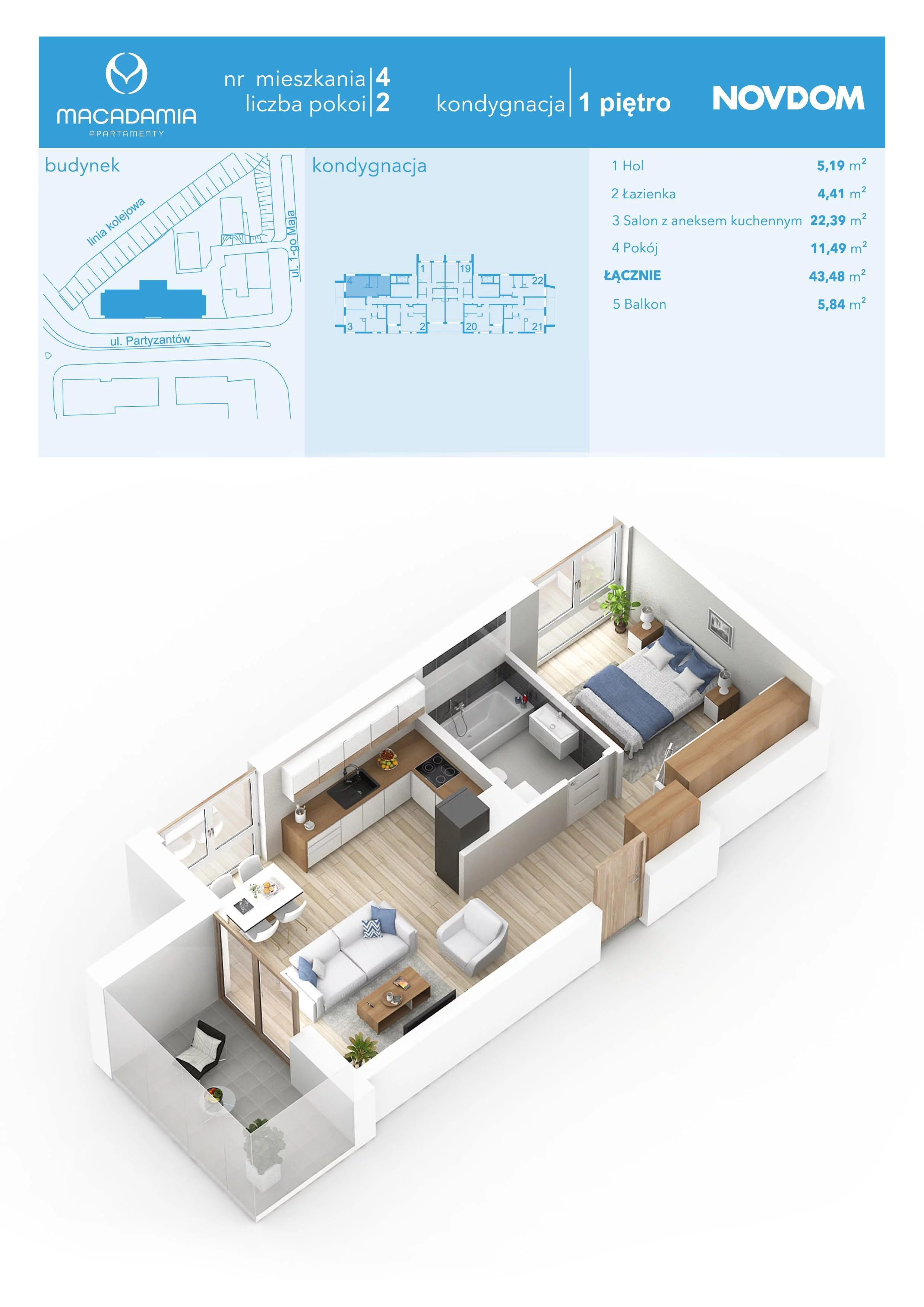 Apartament 43,48 m², piętro 1, oferta nr 1/4, Apartamenty Macadamia, Olsztyn, Śródmieście, ul. 1 Maja