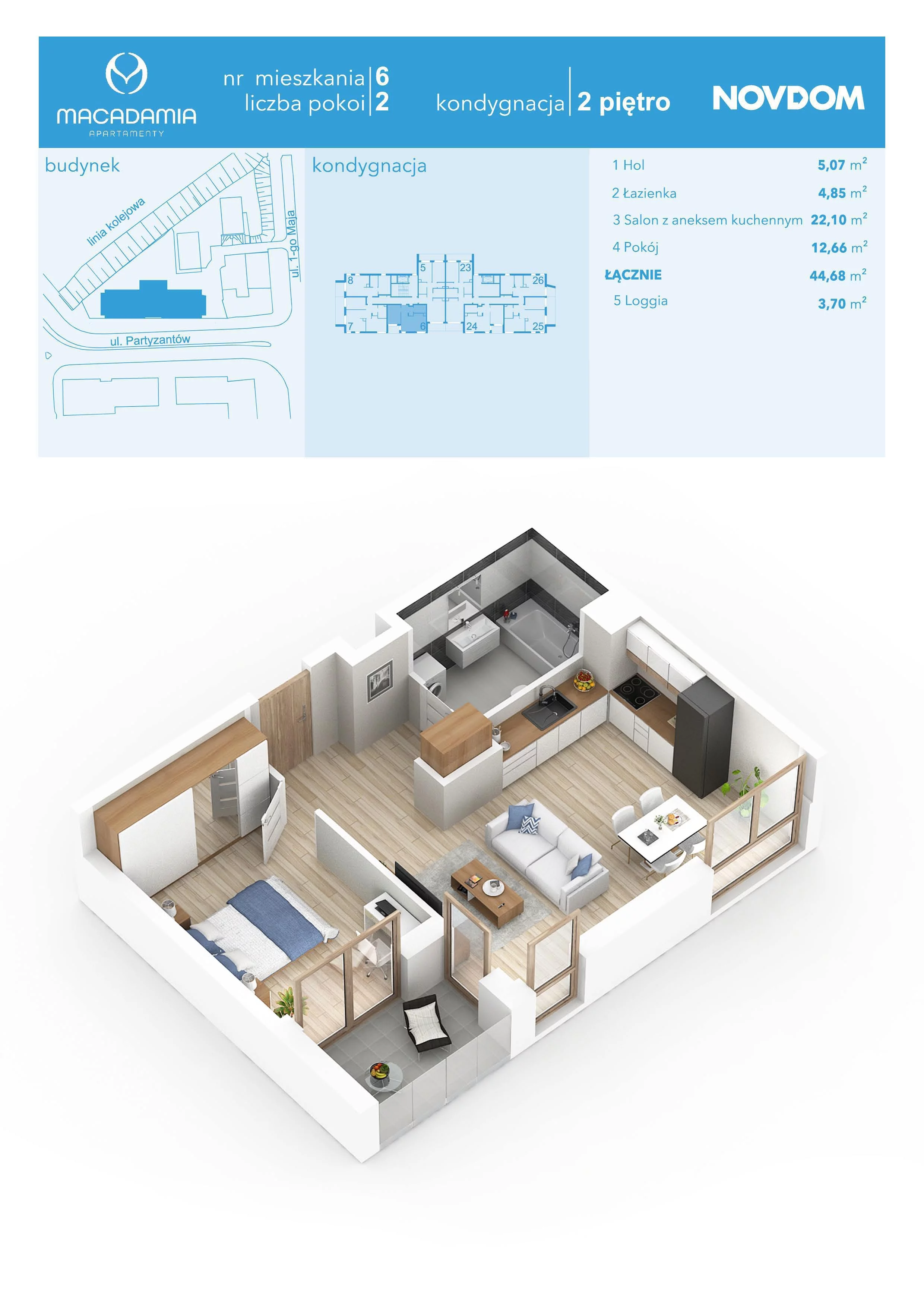 Apartament 44,68 m², piętro 2, oferta nr 1/6, Apartamenty Macadamia, Olsztyn, Śródmieście, ul. 1 Maja