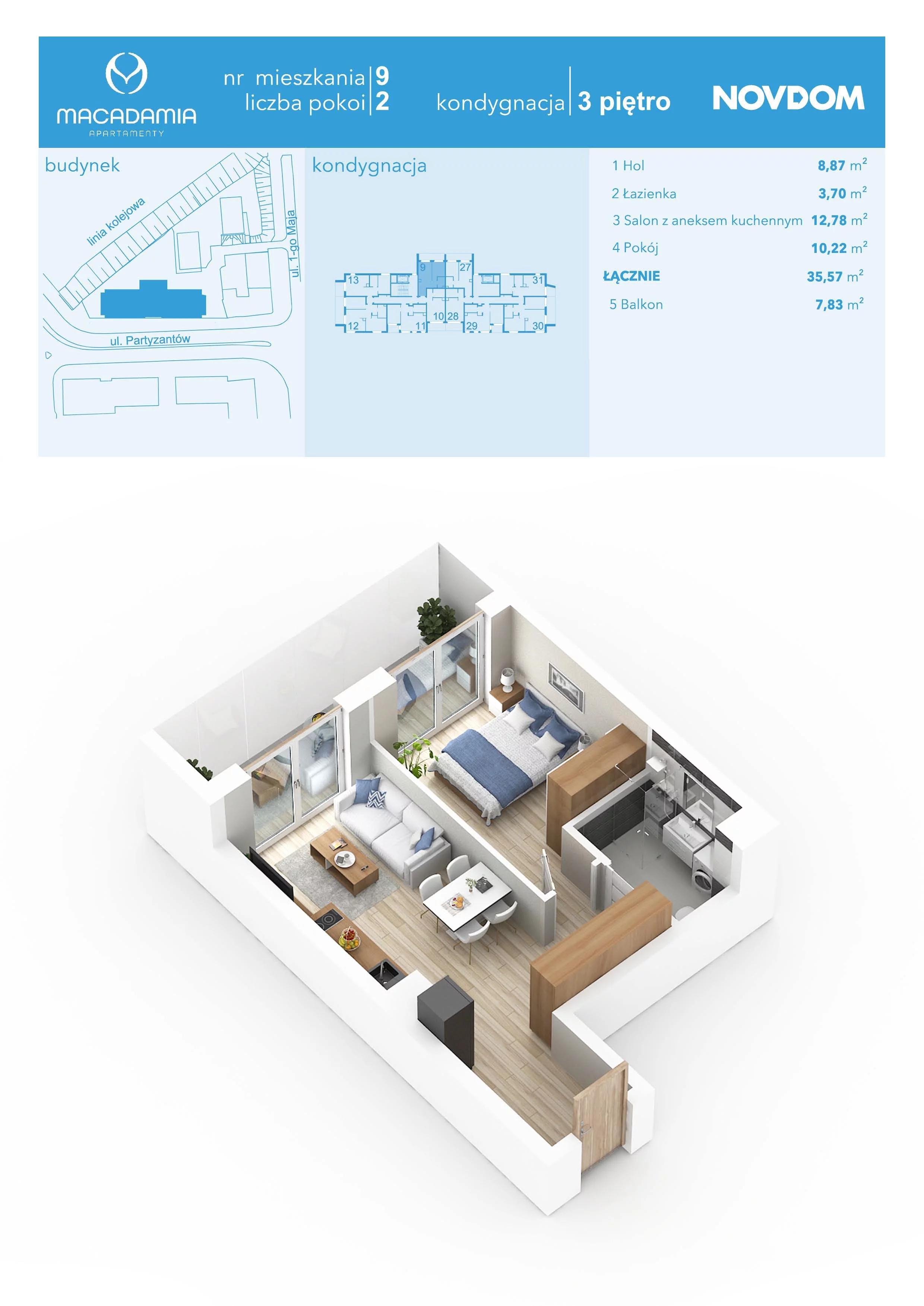 Apartament 35,57 m², piętro 3, oferta nr 1/9, Apartamenty Macadamia, Olsztyn, Śródmieście, ul. 1 Maja