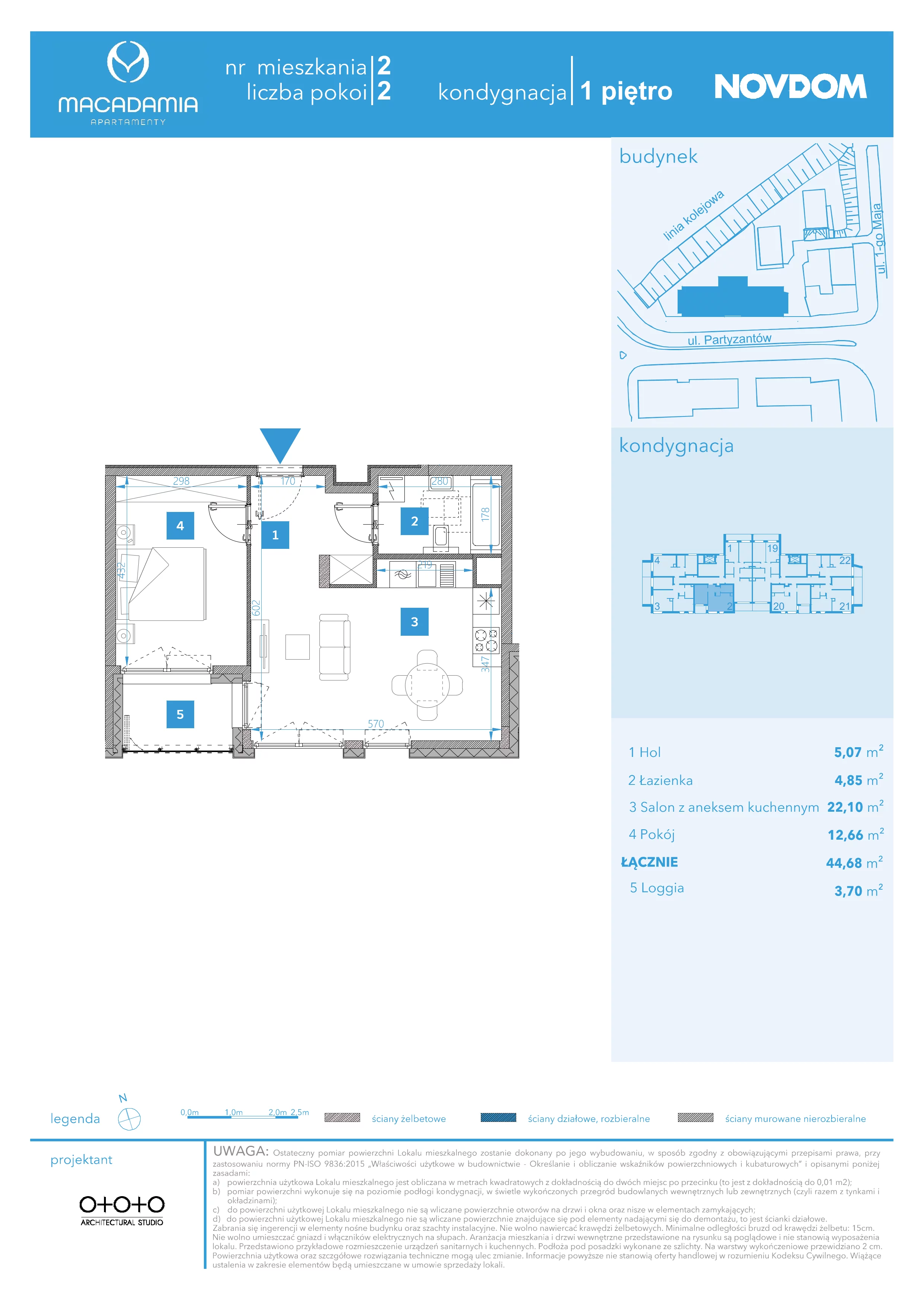 2 pokoje, apartament 44,68 m², piętro 1, oferta nr 1/2, Apartamenty Macadamia, Olsztyn, Śródmieście, ul. 1 Maja