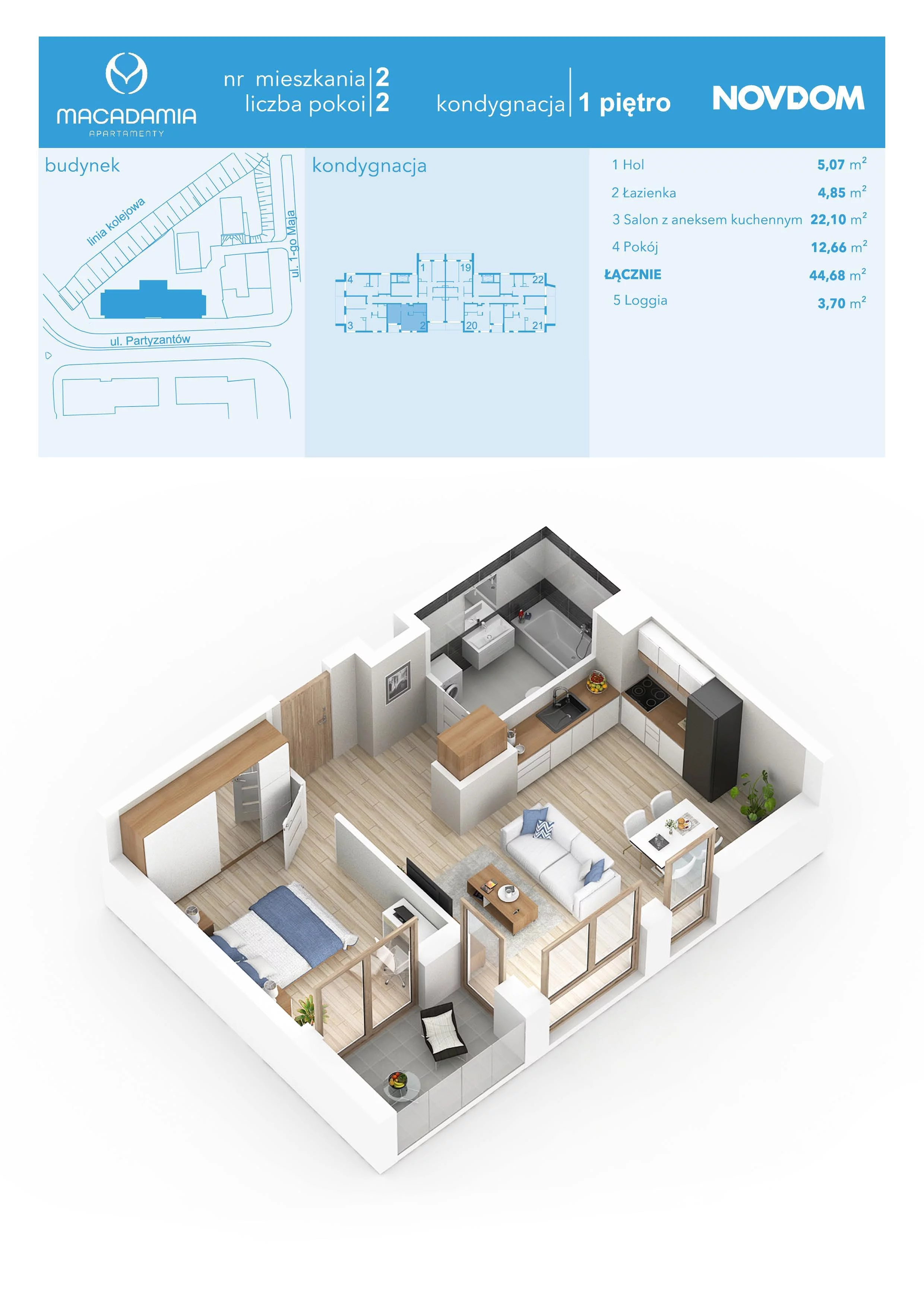 2 pokoje, apartament 44,68 m², piętro 1, oferta nr 1/2, Apartamenty Macadamia, Olsztyn, Śródmieście, ul. 1 Maja