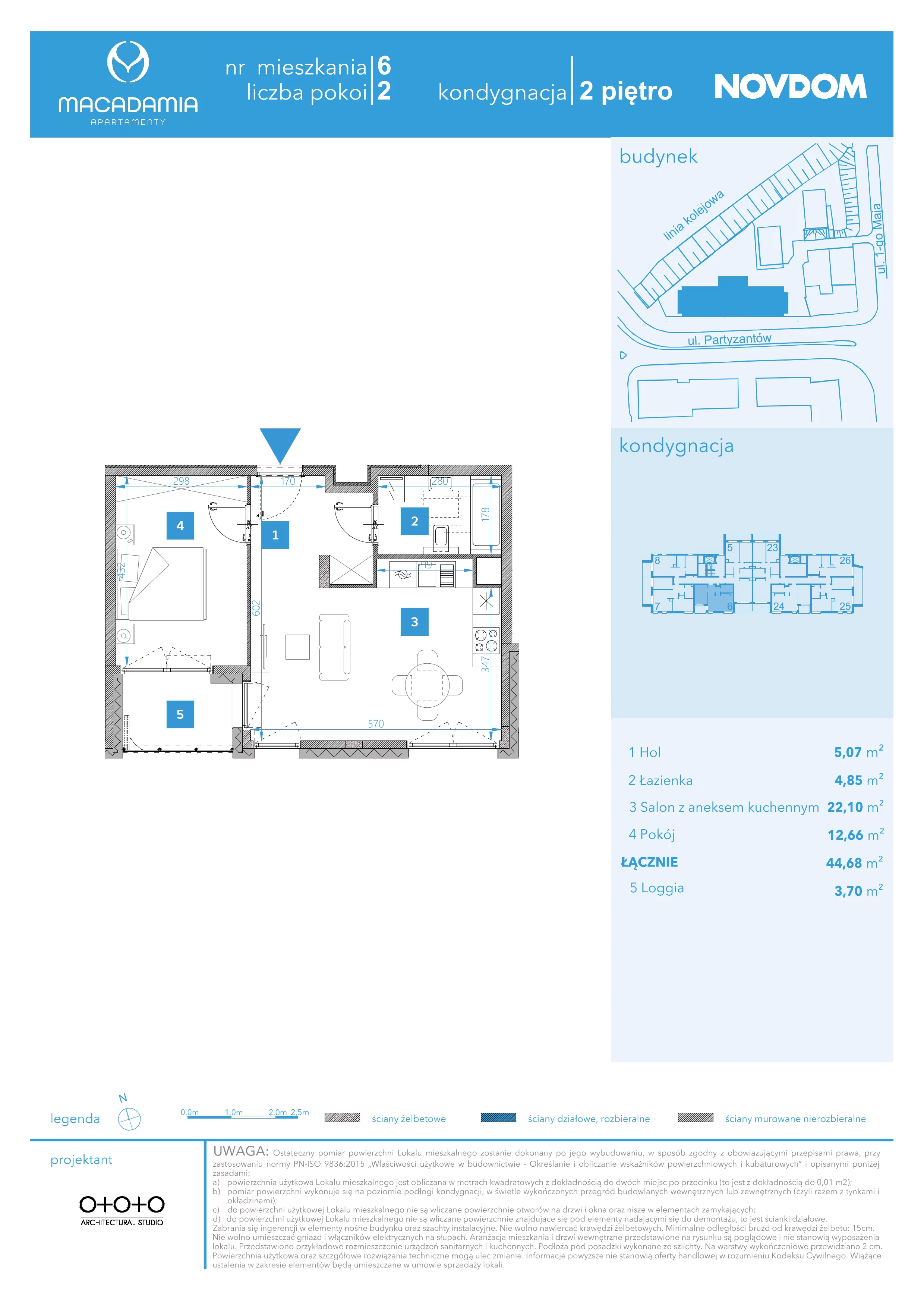 2 pokoje, apartament 44,68 m², piętro 2, oferta nr 1/6, Apartamenty Macadamia, Olsztyn, Śródmieście, ul. 1 Maja