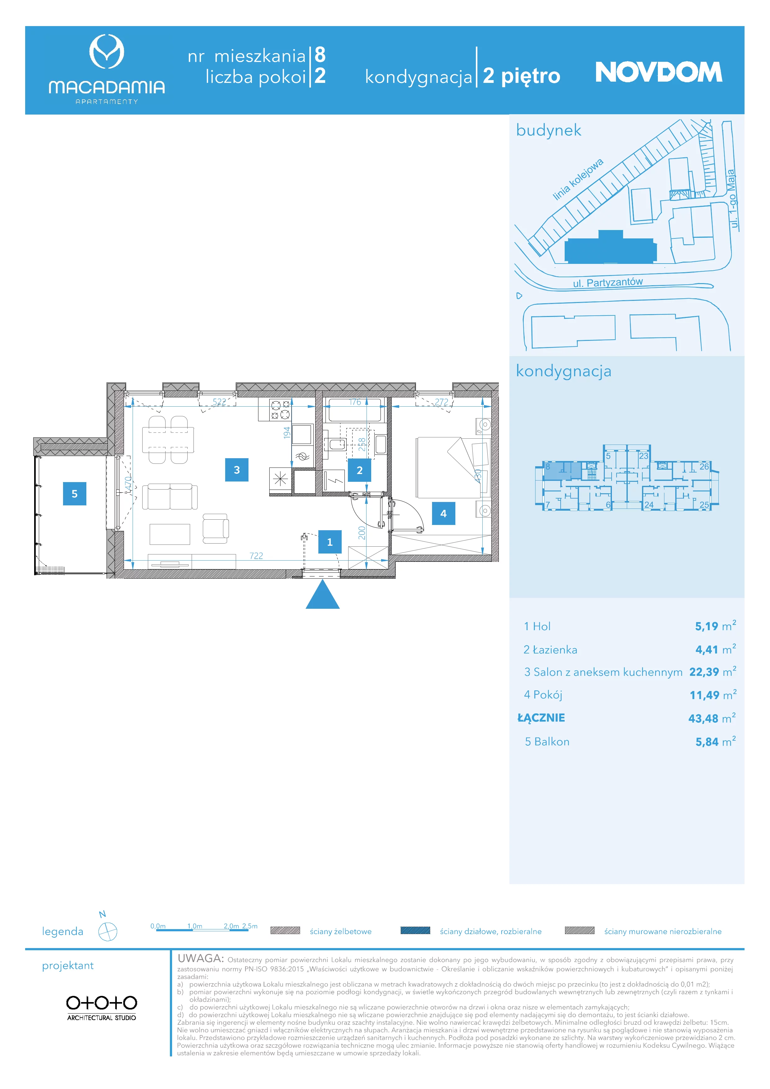 2 pokoje, apartament 43,48 m², piętro 2, oferta nr 1/8, Apartamenty Macadamia, Olsztyn, Śródmieście, ul. 1 Maja