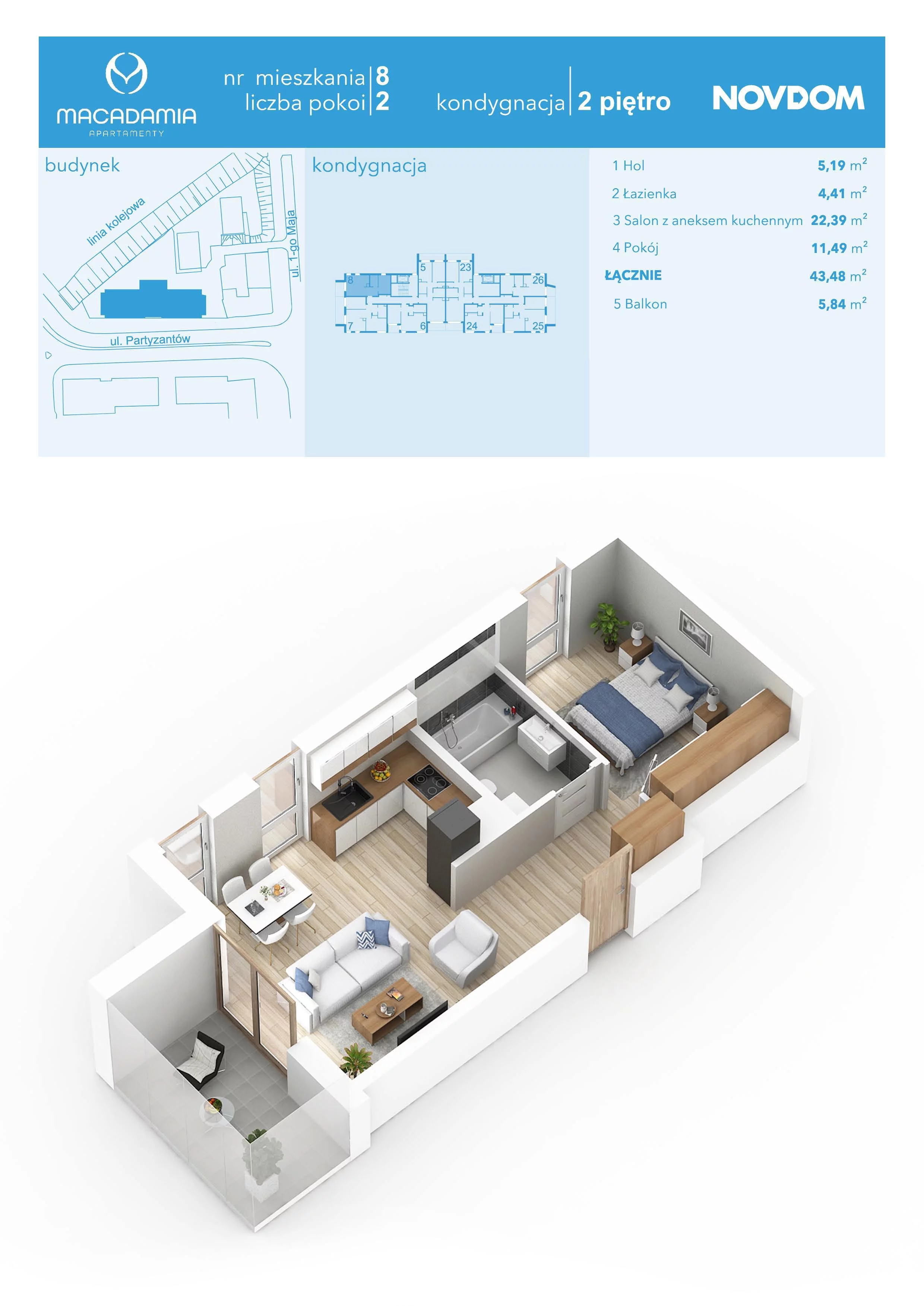 2 pokoje, apartament 43,48 m², piętro 2, oferta nr 1/8, Apartamenty Macadamia, Olsztyn, Śródmieście, ul. 1 Maja