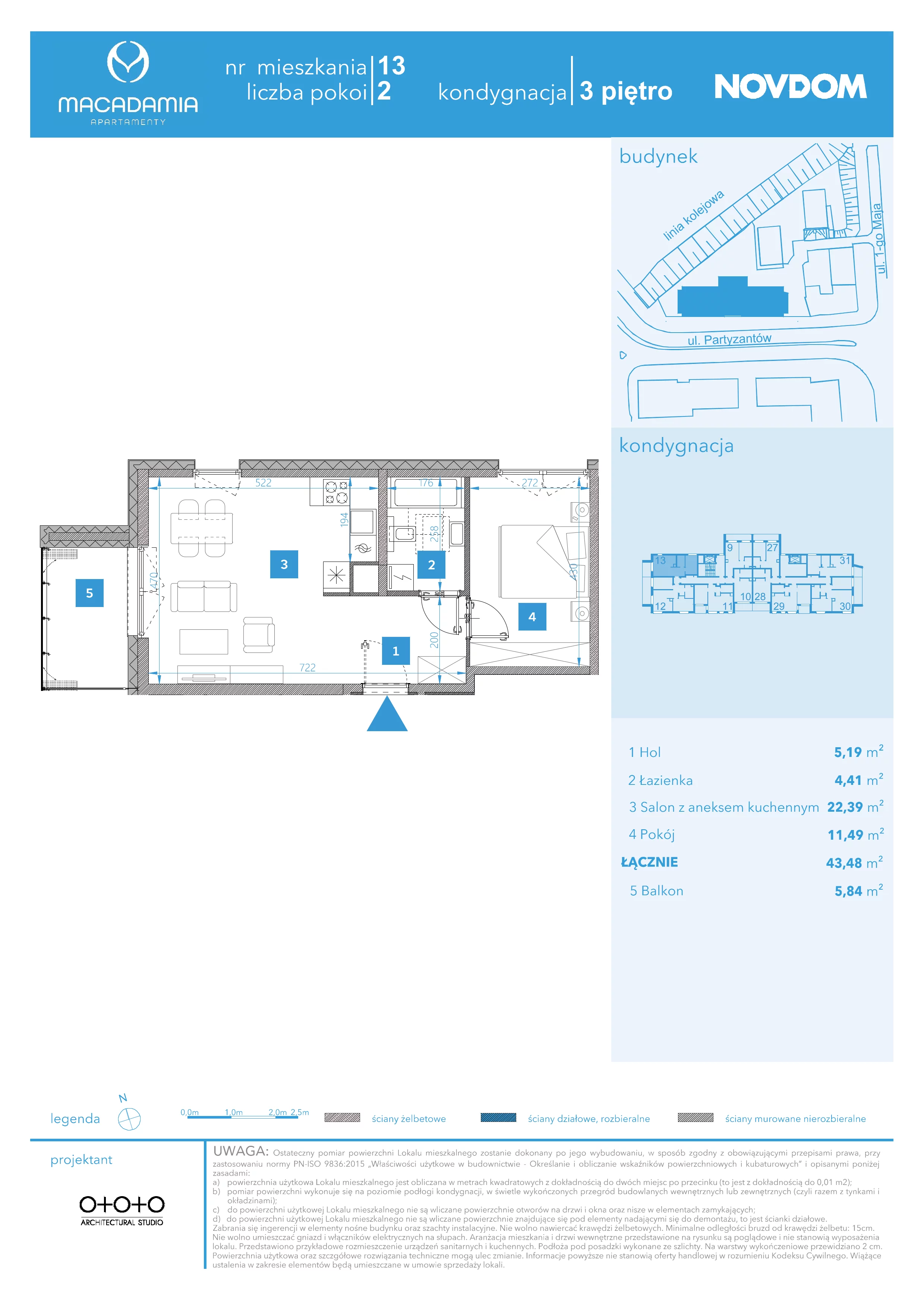 2 pokoje, apartament 43,48 m², piętro 3, oferta nr 1/13, Apartamenty Macadamia, Olsztyn, Śródmieście, ul. 1 Maja