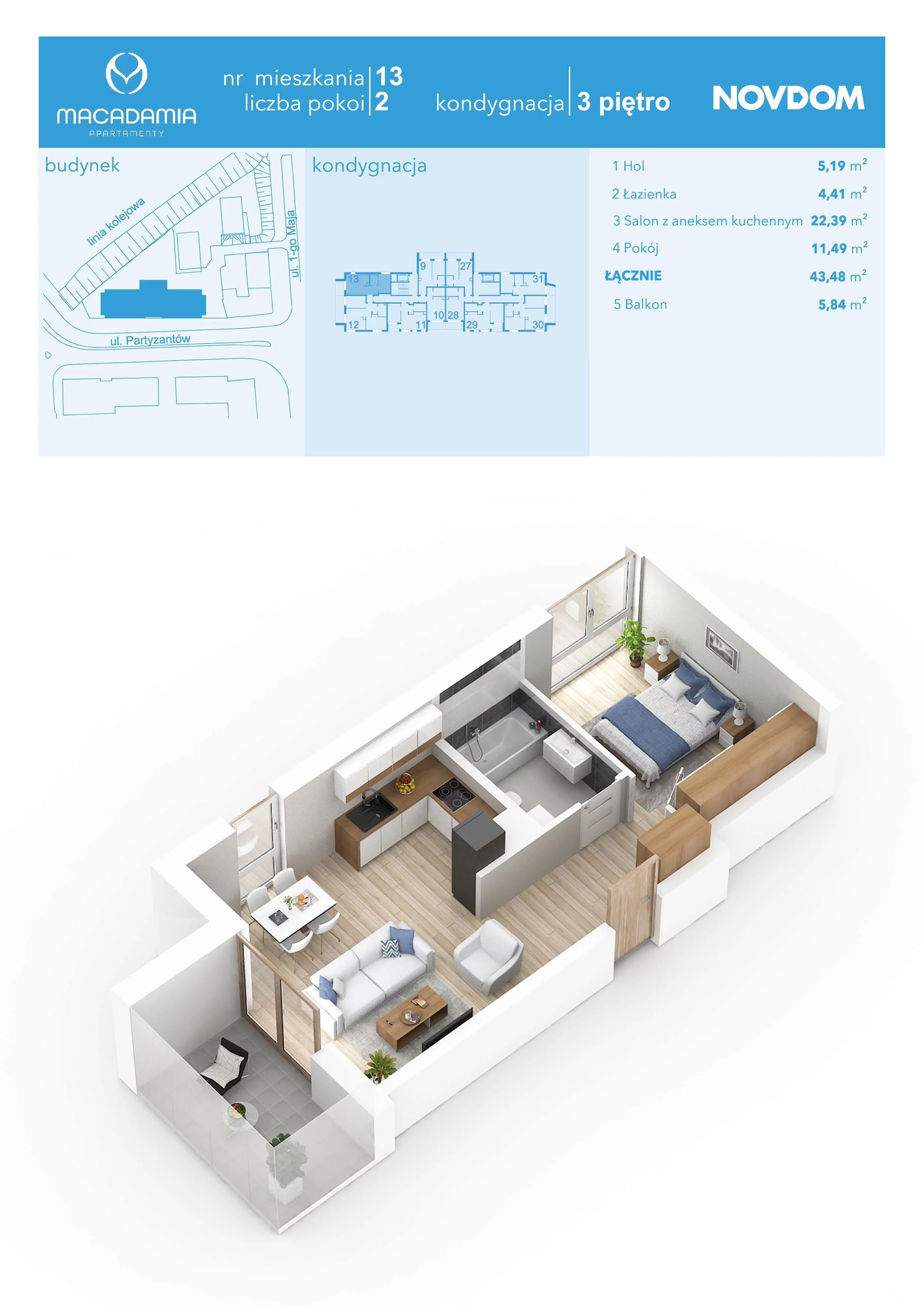 2 pokoje, apartament 43,48 m², piętro 3, oferta nr 1/13, Apartamenty Macadamia, Olsztyn, Śródmieście, ul. 1 Maja