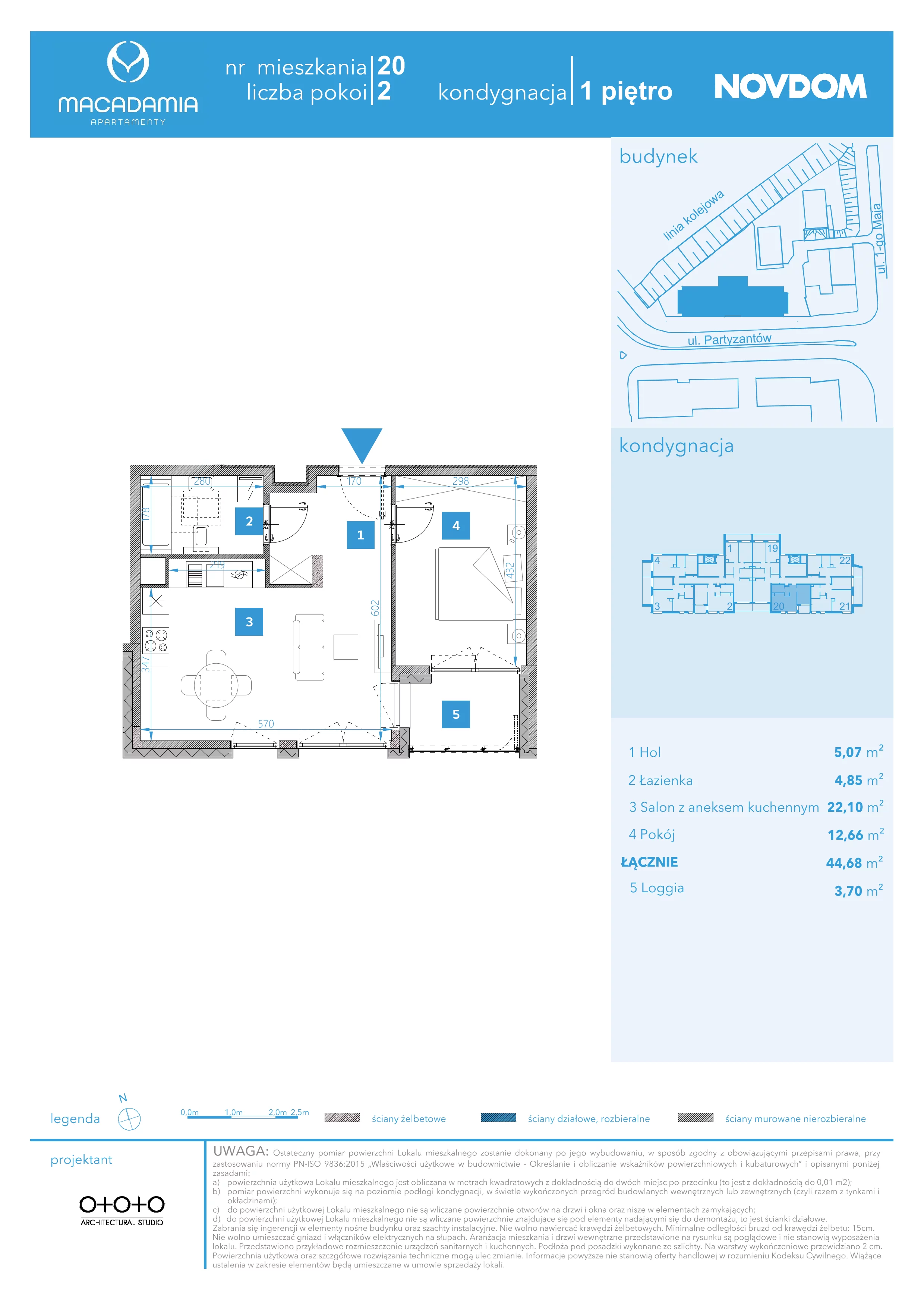 2 pokoje, apartament 44,68 m², piętro 1, oferta nr 1/20, Apartamenty Macadamia, Olsztyn, Śródmieście, ul. 1 Maja