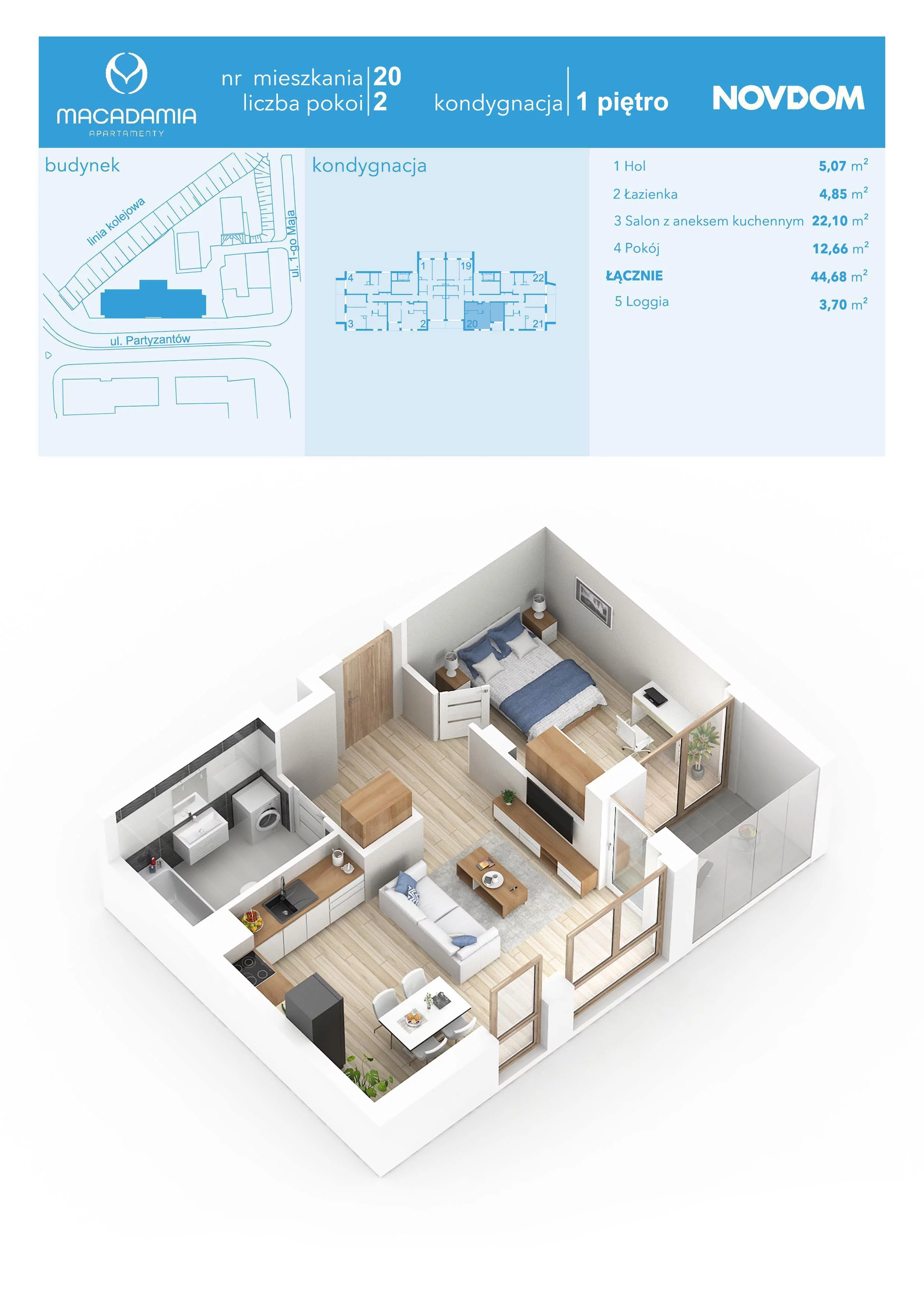 2 pokoje, apartament 44,68 m², piętro 1, oferta nr 1/20, Apartamenty Macadamia, Olsztyn, Śródmieście, ul. 1 Maja