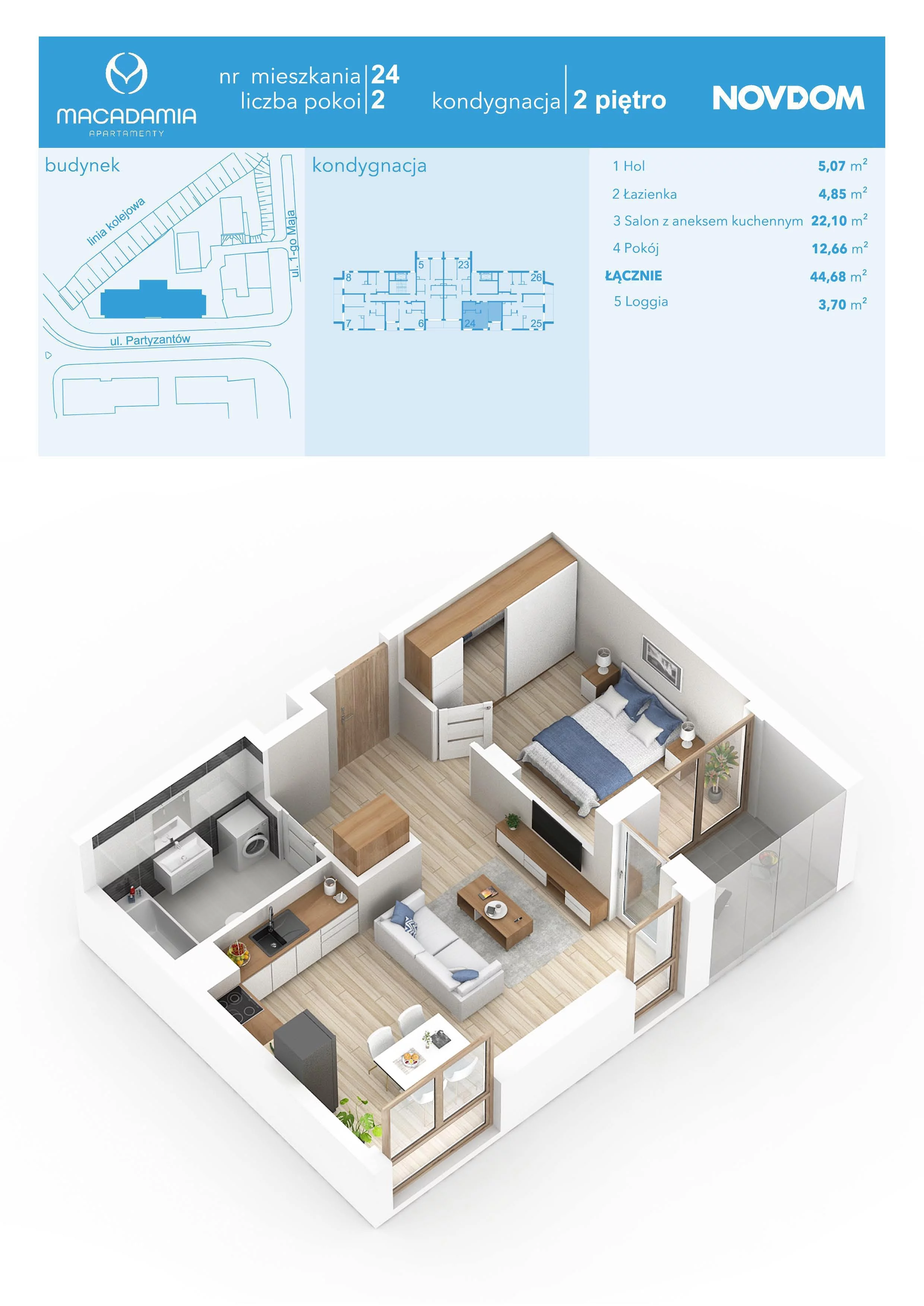 2 pokoje, apartament 44,68 m², piętro 2, oferta nr 1/24, Apartamenty Macadamia, Olsztyn, Śródmieście, ul. 1 Maja