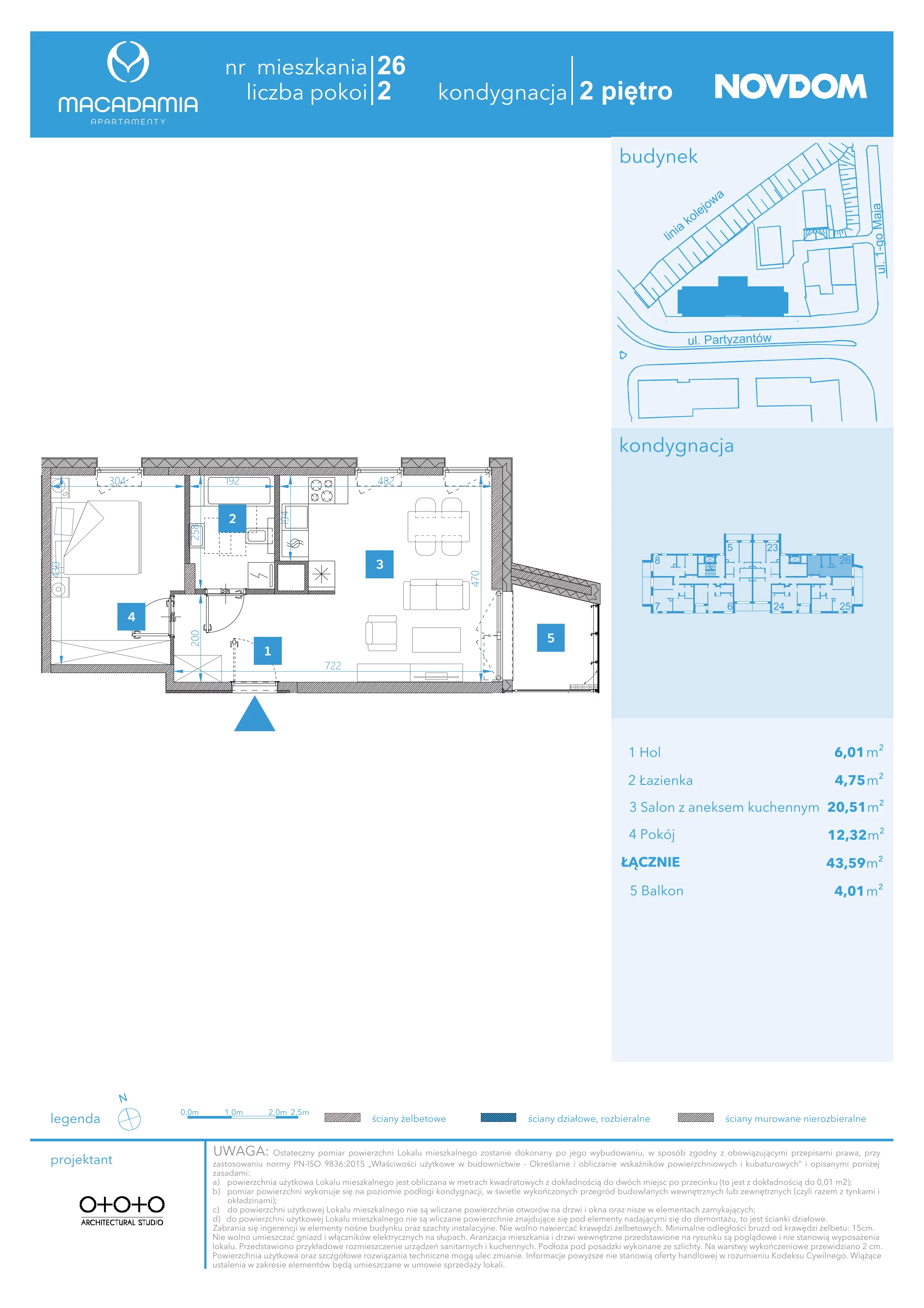 2 pokoje, apartament 43,65 m², piętro 2, oferta nr 1/26, Apartamenty Macadamia, Olsztyn, Śródmieście, ul. 1 Maja