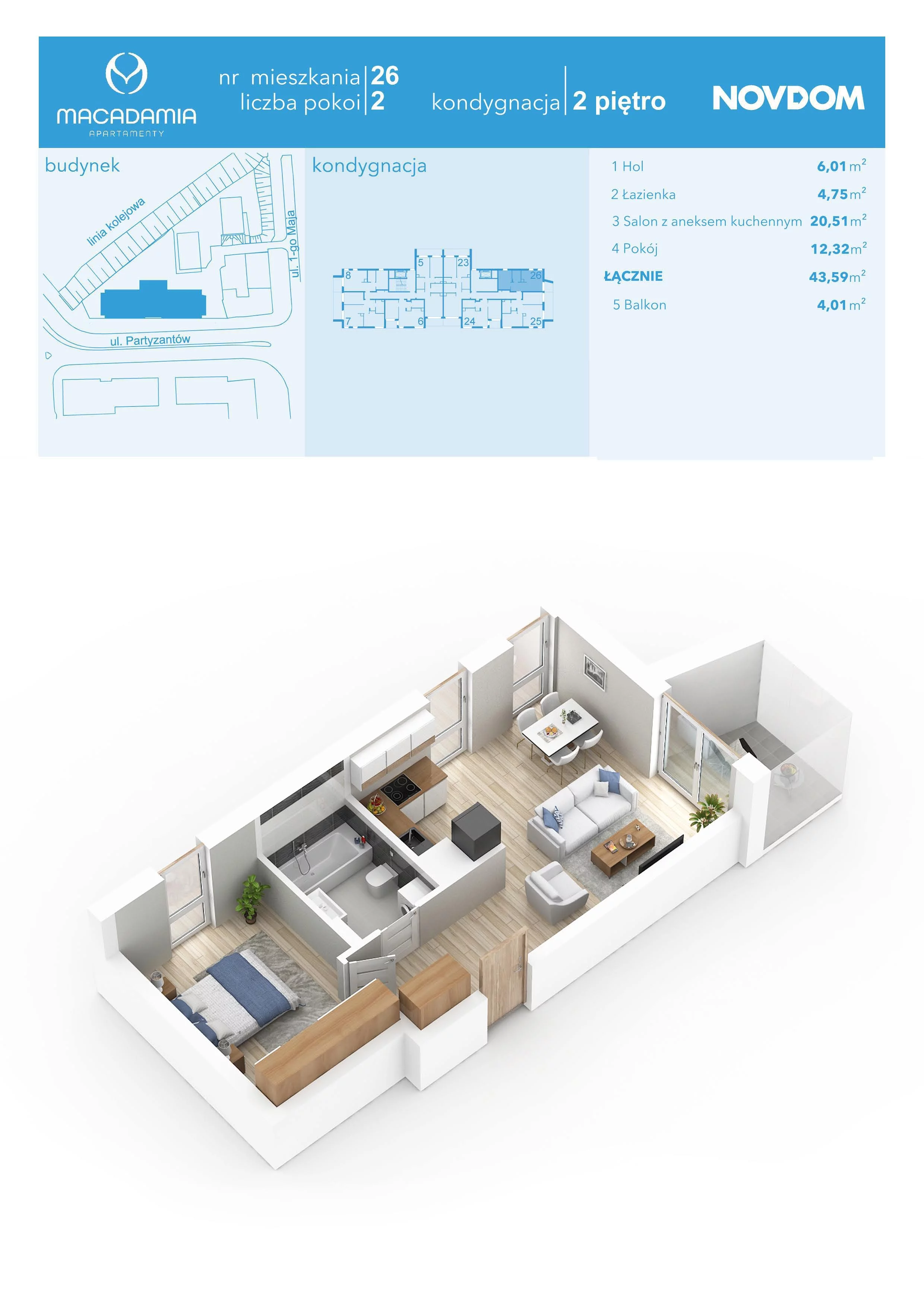 2 pokoje, apartament 43,65 m², piętro 2, oferta nr 1/26, Apartamenty Macadamia, Olsztyn, Śródmieście, ul. 1 Maja