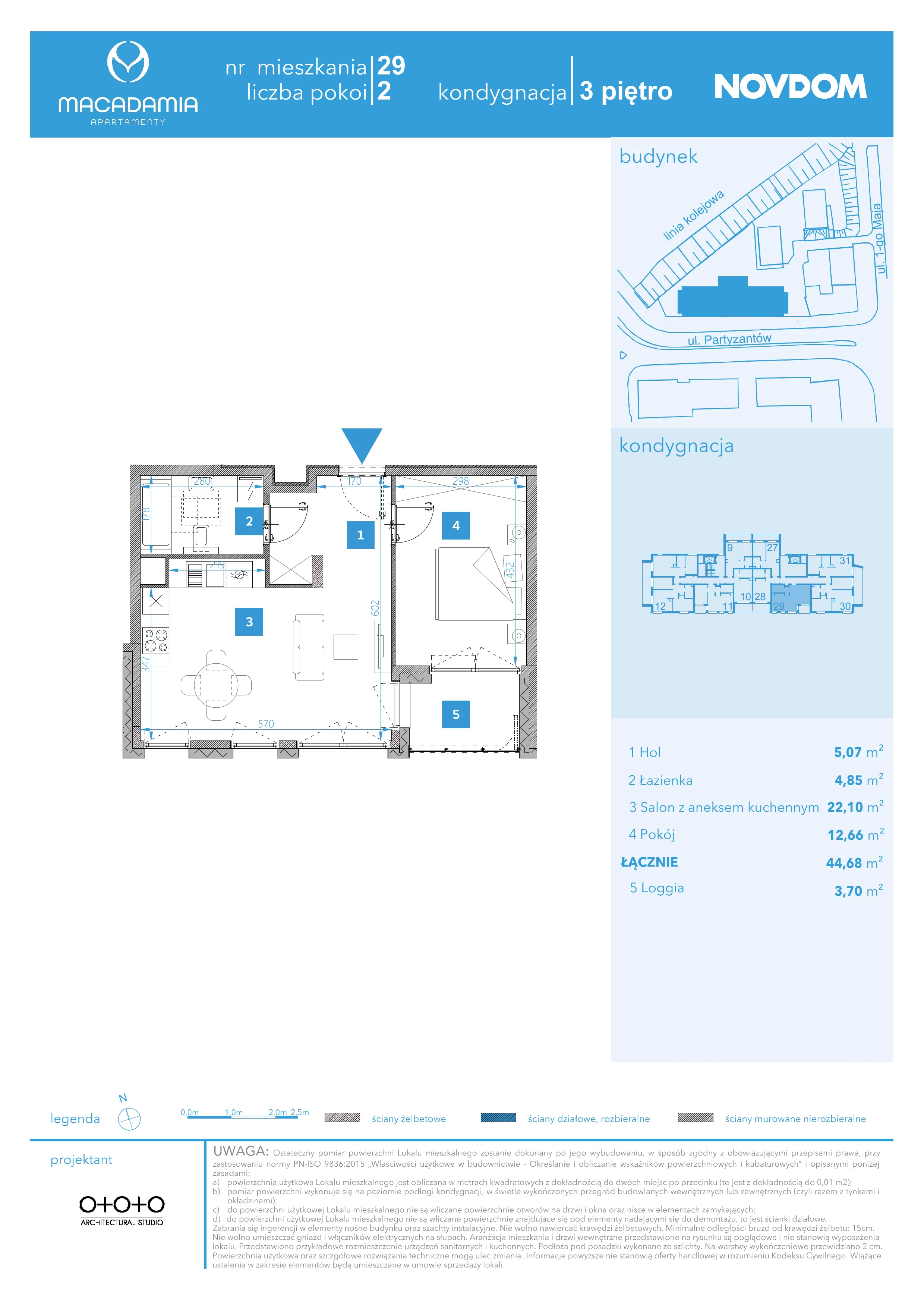 2 pokoje, apartament 44,68 m², piętro 3, oferta nr 1/29, Apartamenty Macadamia, Olsztyn, Śródmieście, ul. 1 Maja