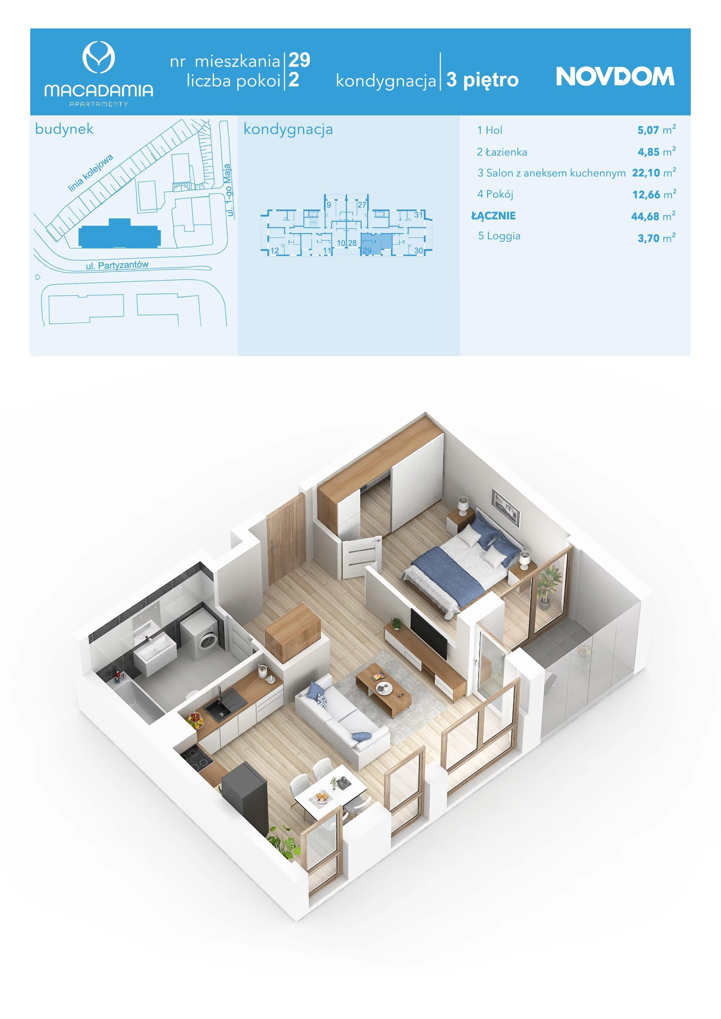 2 pokoje, apartament 44,68 m², piętro 3, oferta nr 1/29, Apartamenty Macadamia, Olsztyn, Śródmieście, ul. 1 Maja