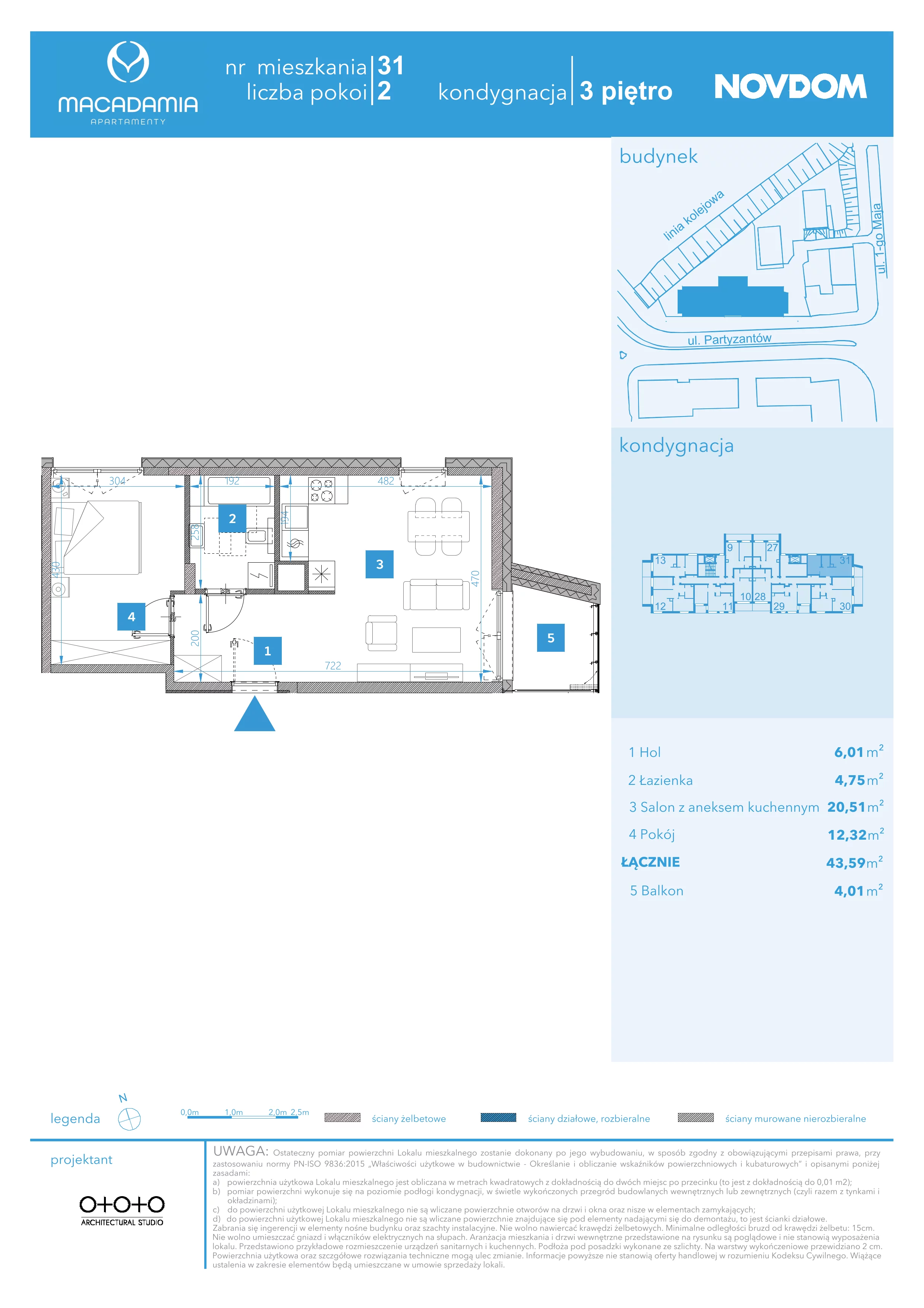 2 pokoje, apartament 43,65 m², piętro 3, oferta nr 1/31, Apartamenty Macadamia, Olsztyn, Śródmieście, ul. 1 Maja