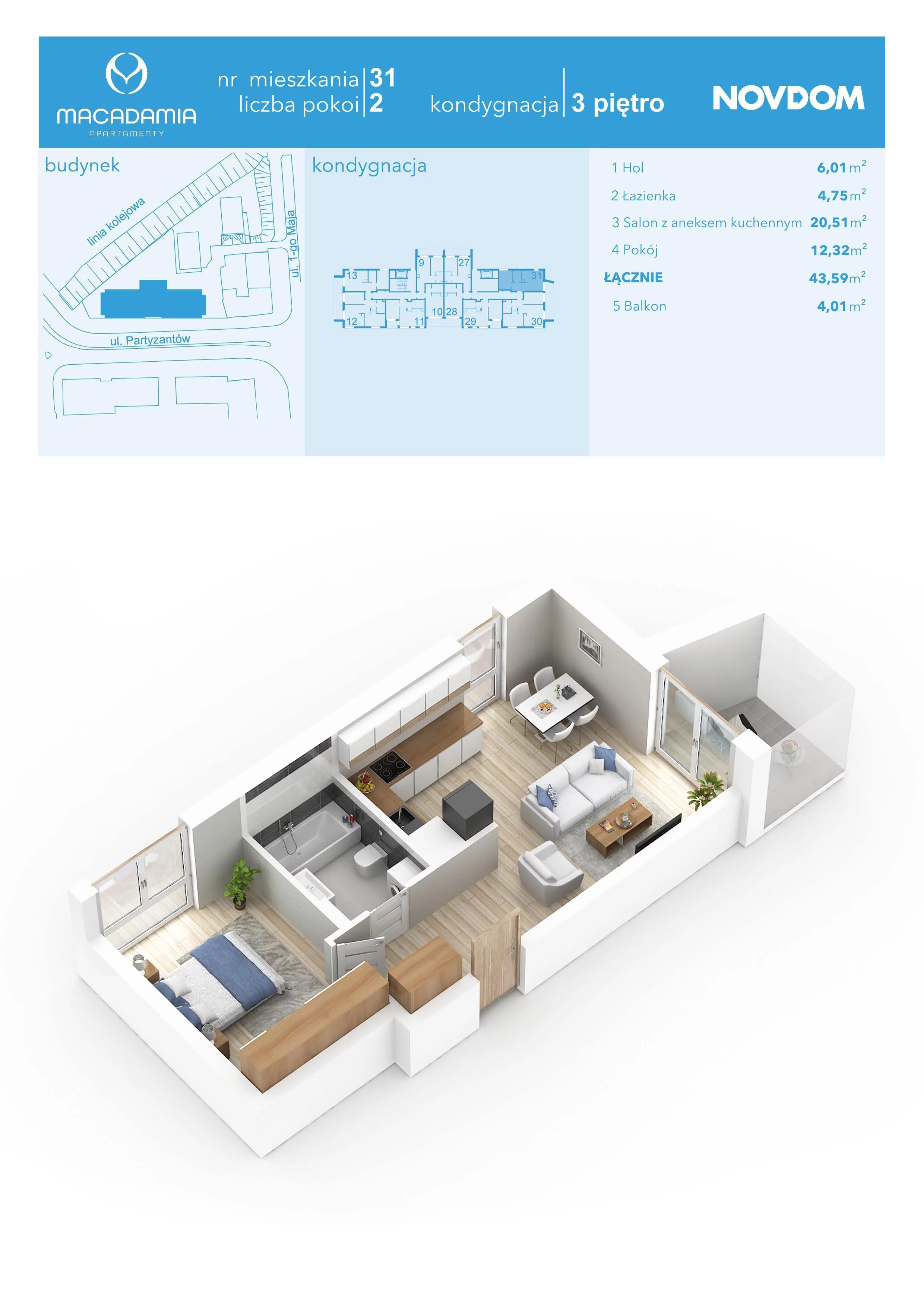 2 pokoje, apartament 43,65 m², piętro 3, oferta nr 1/31, Apartamenty Macadamia, Olsztyn, Śródmieście, ul. 1 Maja