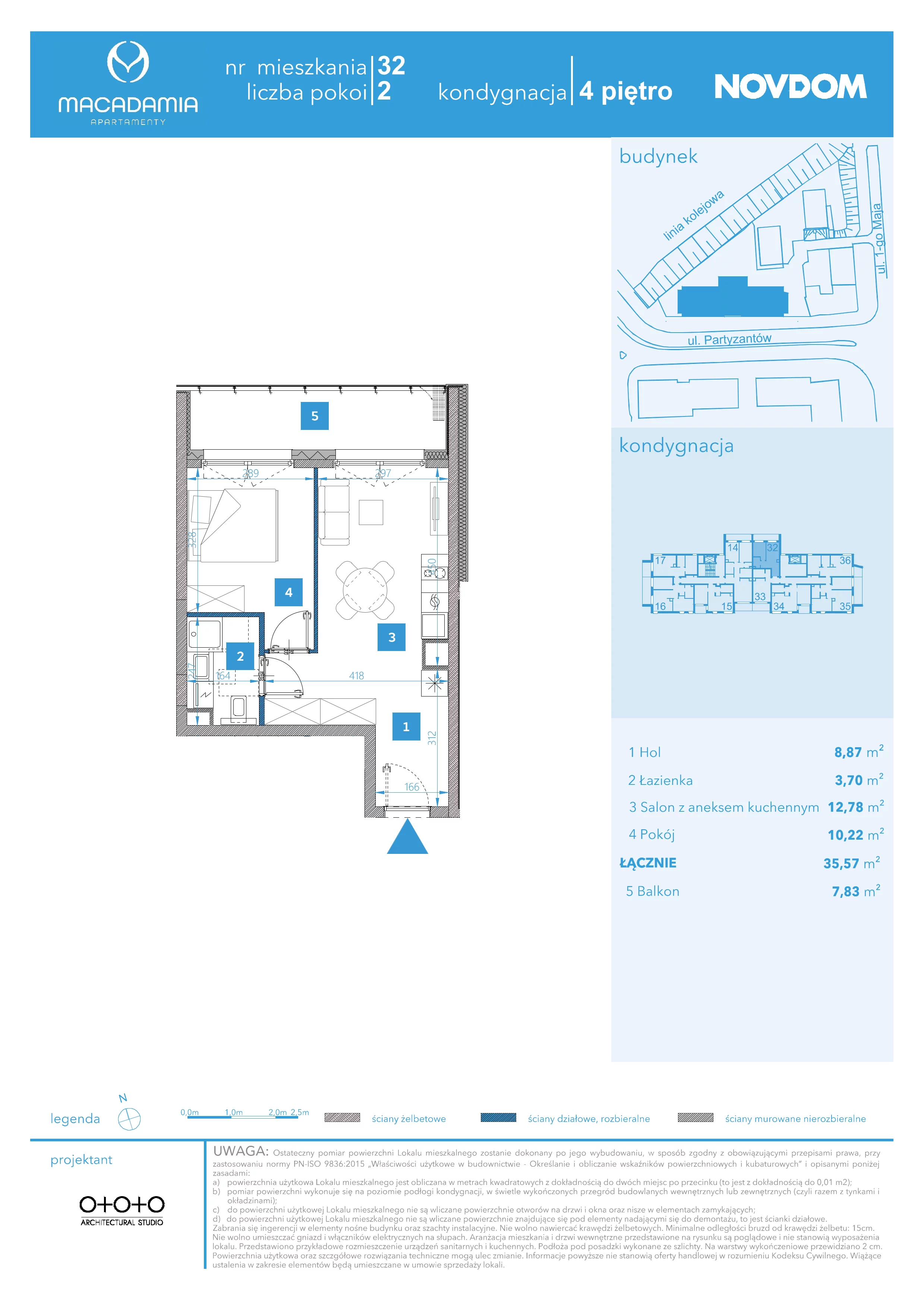 2 pokoje, apartament 35,57 m², piętro 4, oferta nr 1/32, Apartamenty Macadamia, Olsztyn, Śródmieście, ul. 1 Maja