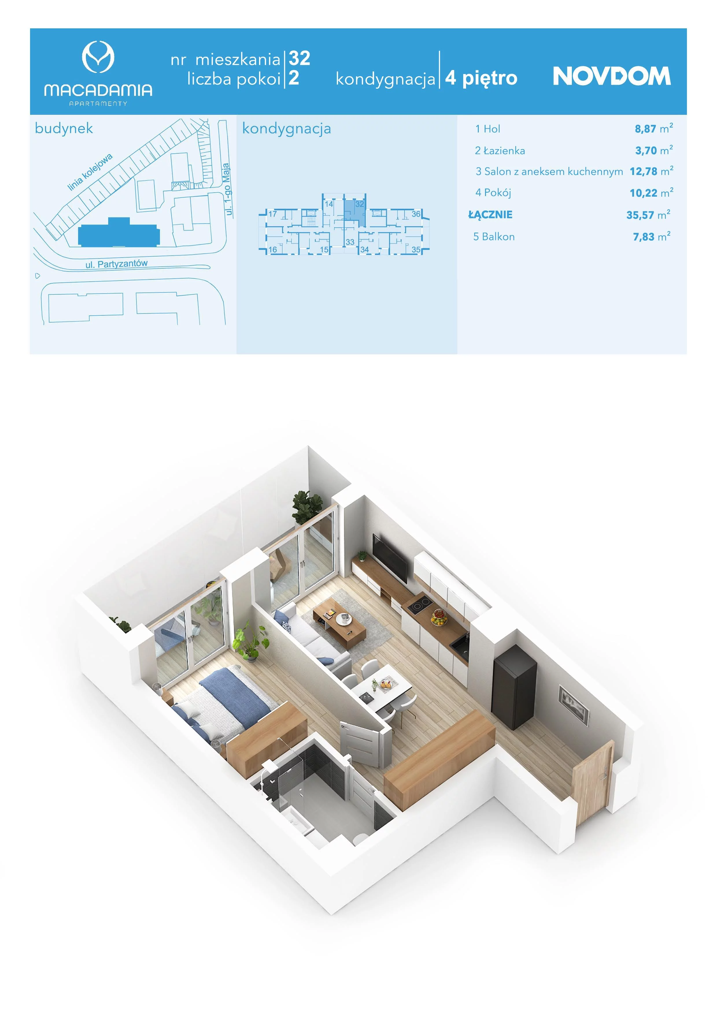 2 pokoje, apartament 35,57 m², piętro 4, oferta nr 1/32, Apartamenty Macadamia, Olsztyn, Śródmieście, ul. 1 Maja