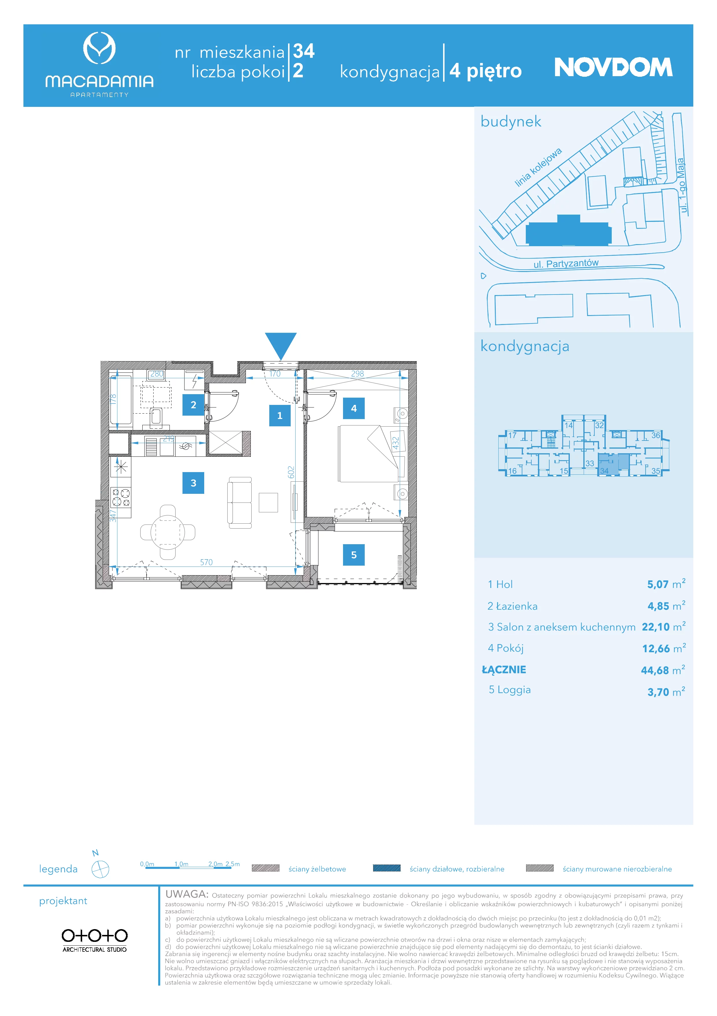 2 pokoje, apartament 44,68 m², piętro 4, oferta nr 1/34, Apartamenty Macadamia, Olsztyn, Śródmieście, ul. 1 Maja