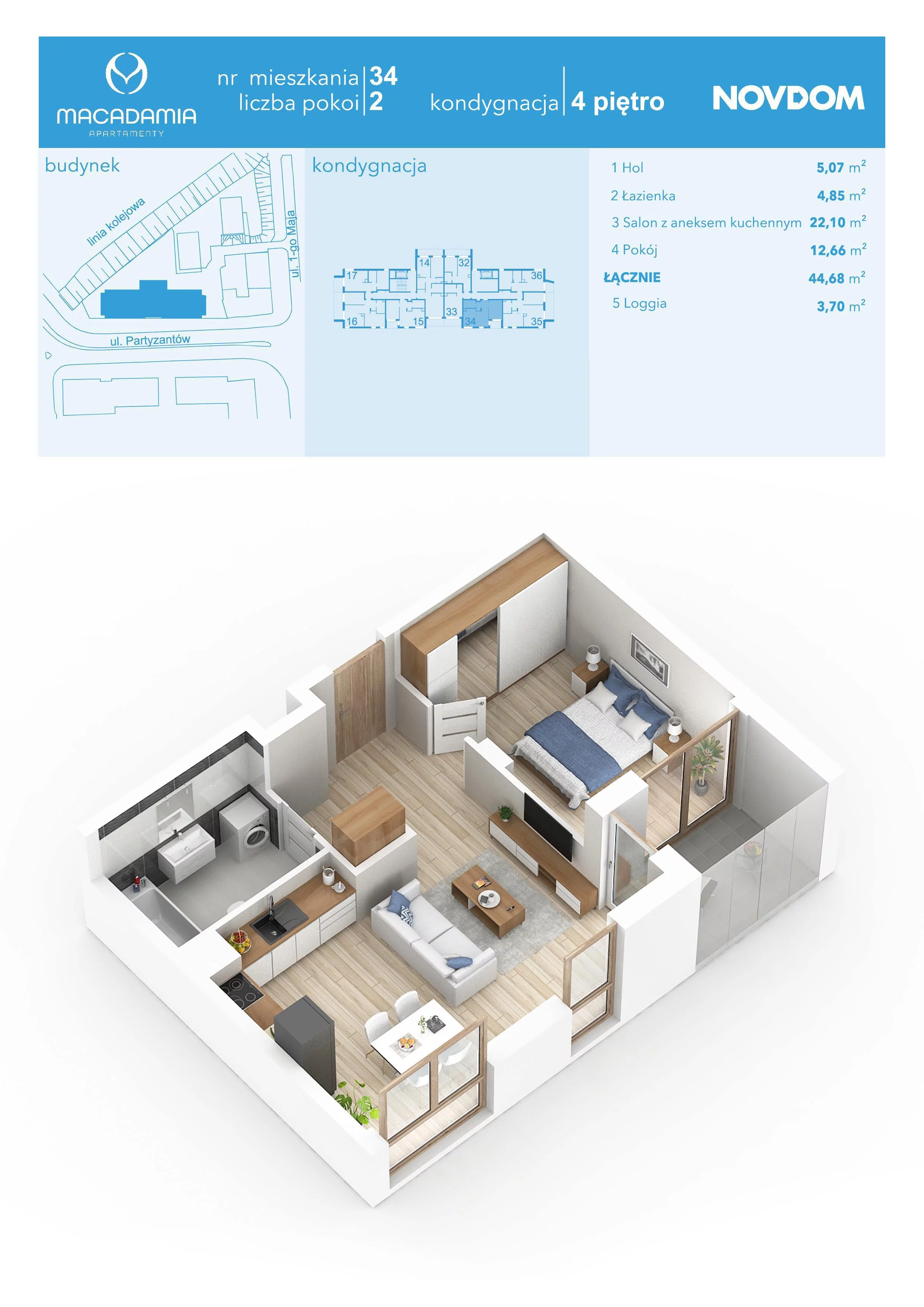 2 pokoje, apartament 44,68 m², piętro 4, oferta nr 1/34, Apartamenty Macadamia, Olsztyn, Śródmieście, ul. 1 Maja