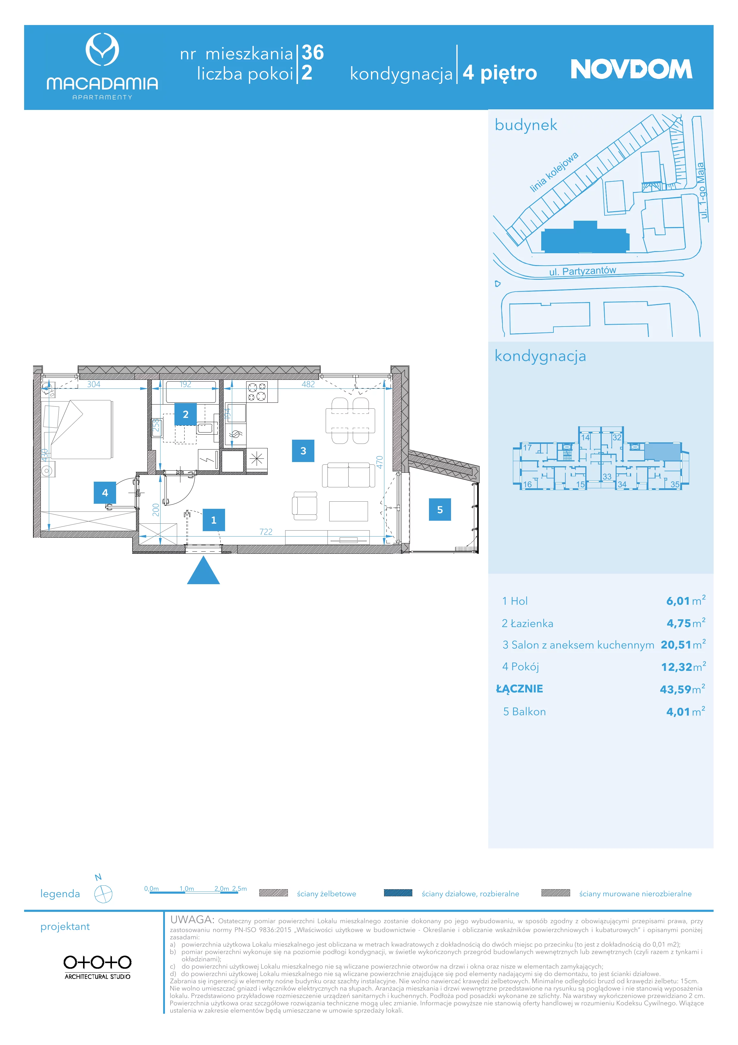 2 pokoje, apartament 43,65 m², piętro 4, oferta nr 1/36, Apartamenty Macadamia, Olsztyn, Śródmieście, ul. 1 Maja