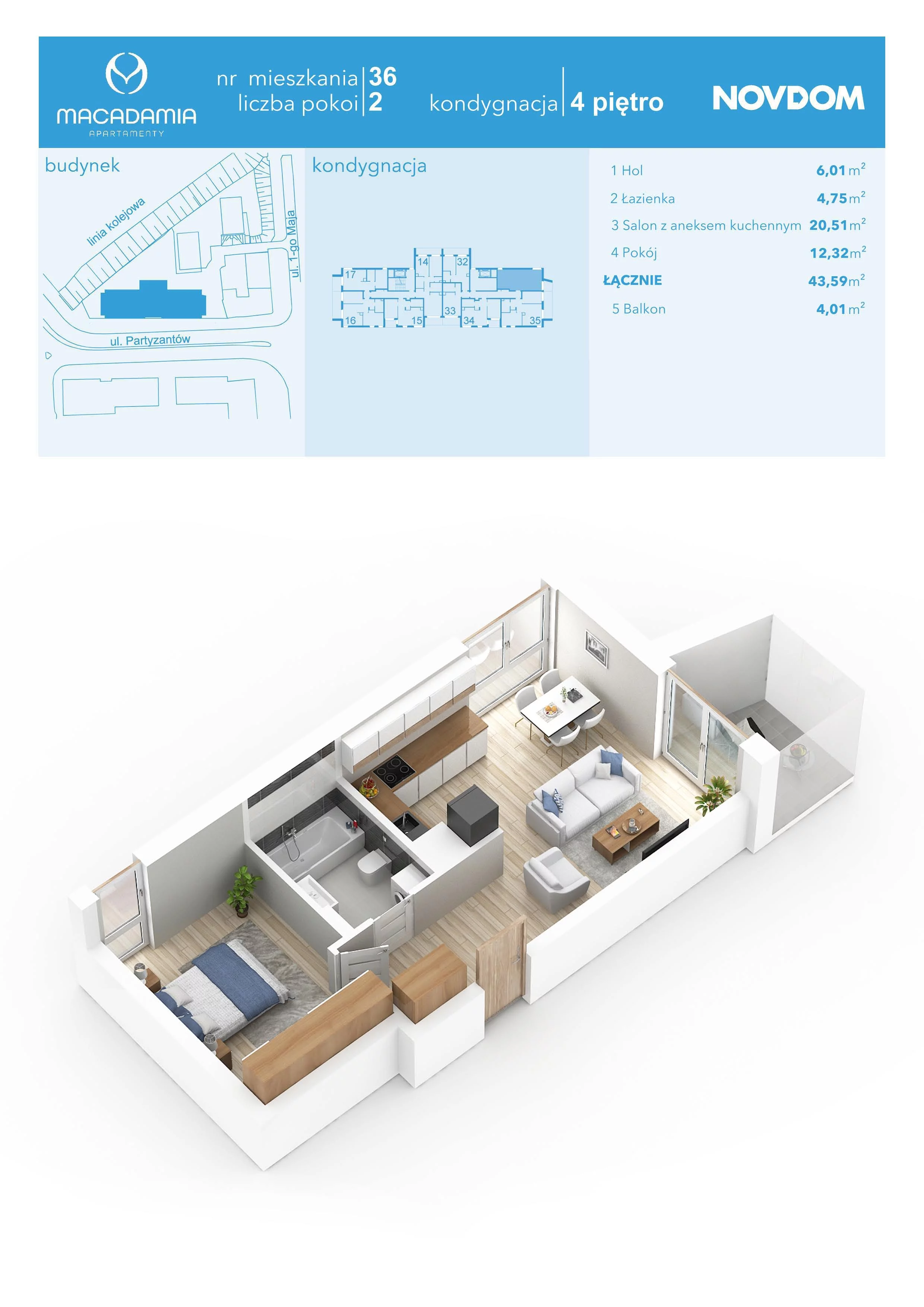 2 pokoje, apartament 43,65 m², piętro 4, oferta nr 1/36, Apartamenty Macadamia, Olsztyn, Śródmieście, ul. 1 Maja