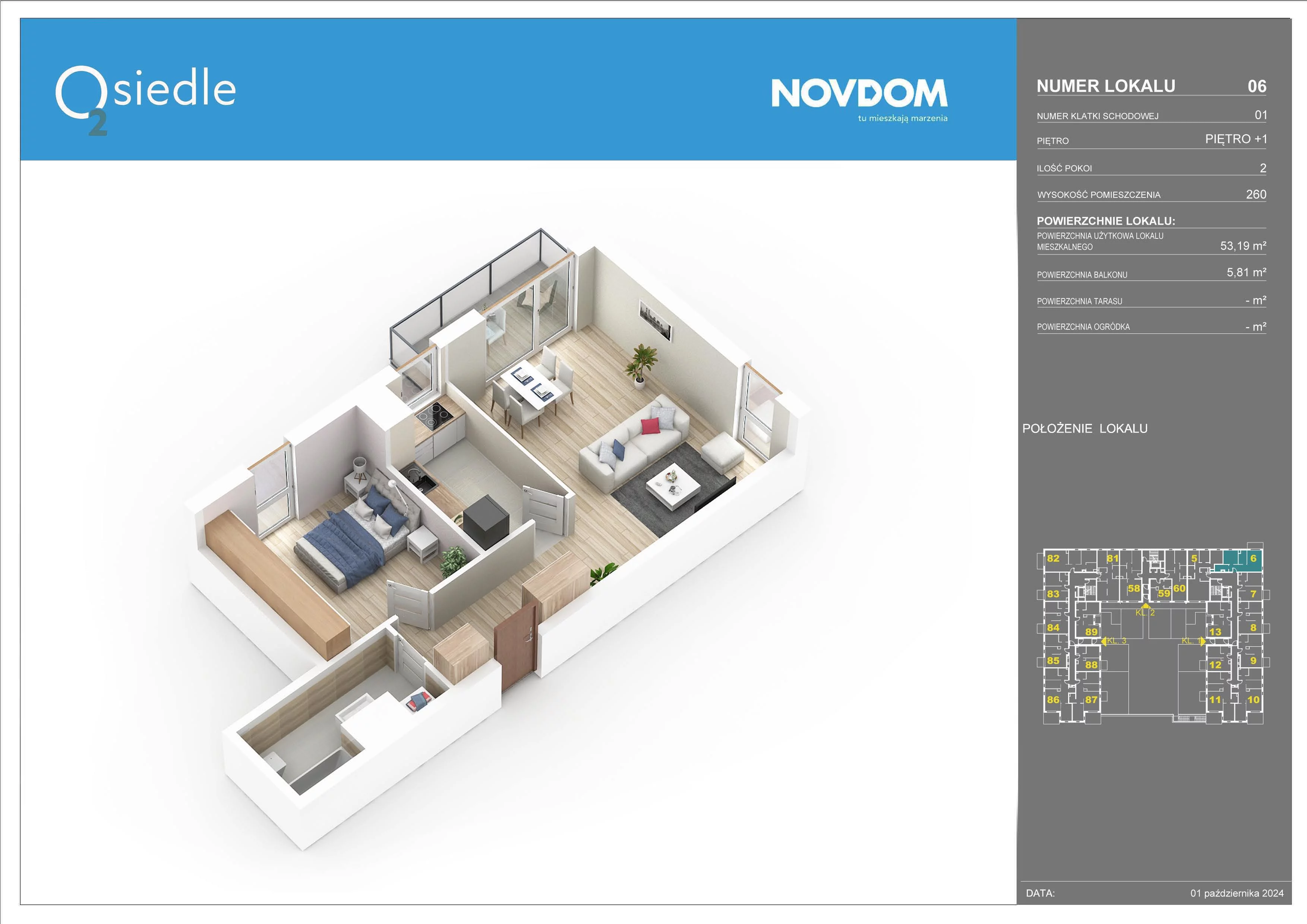 2 pokoje, apartament 53,19 m², piętro 1, oferta nr 6, Osiedle O2, Płońsk, ul. Klonowa