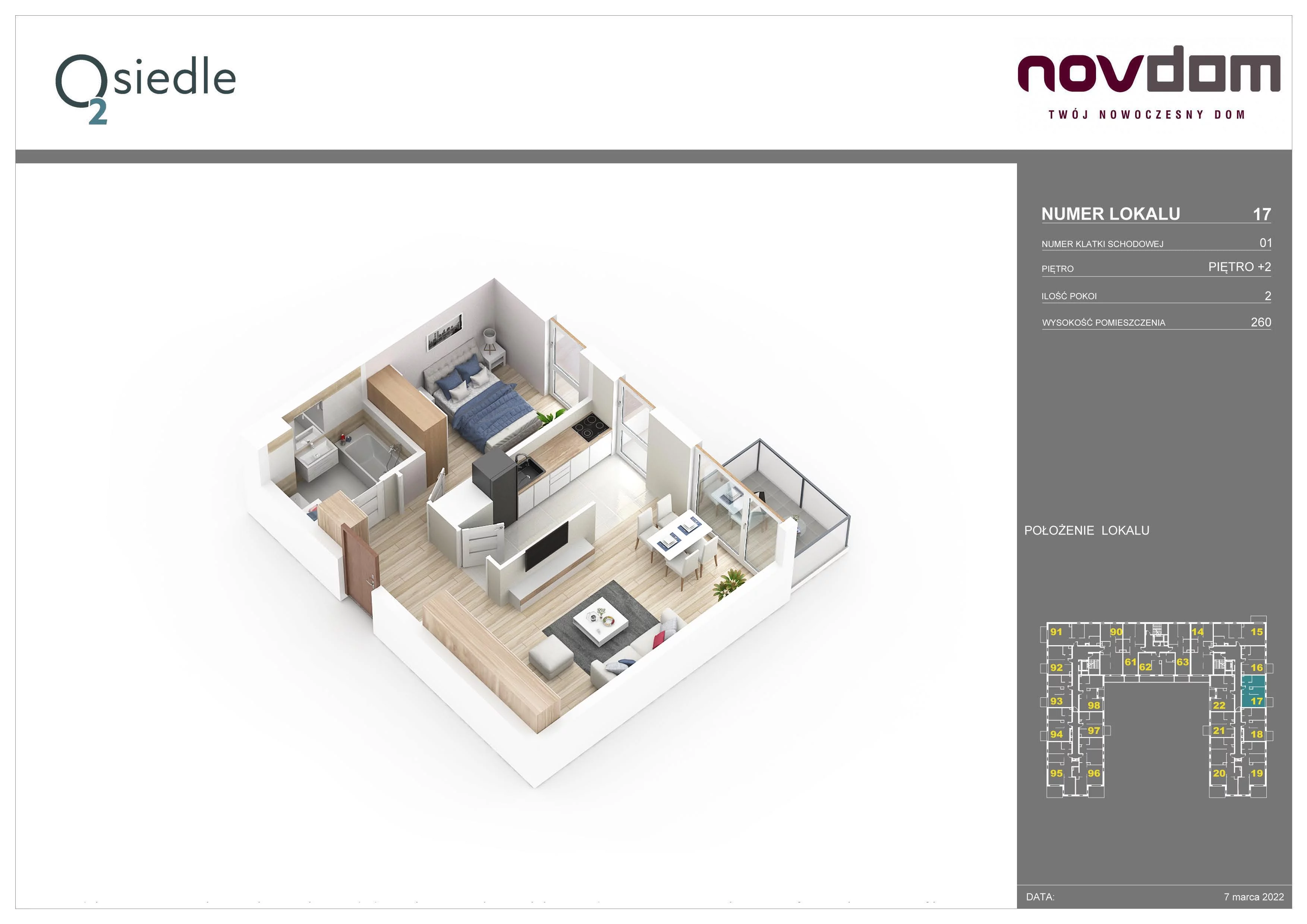 2 pokoje, apartament 44,49 m², piętro 2, oferta nr B/17, Osiedle O2, Płońsk, ul. Klonowa