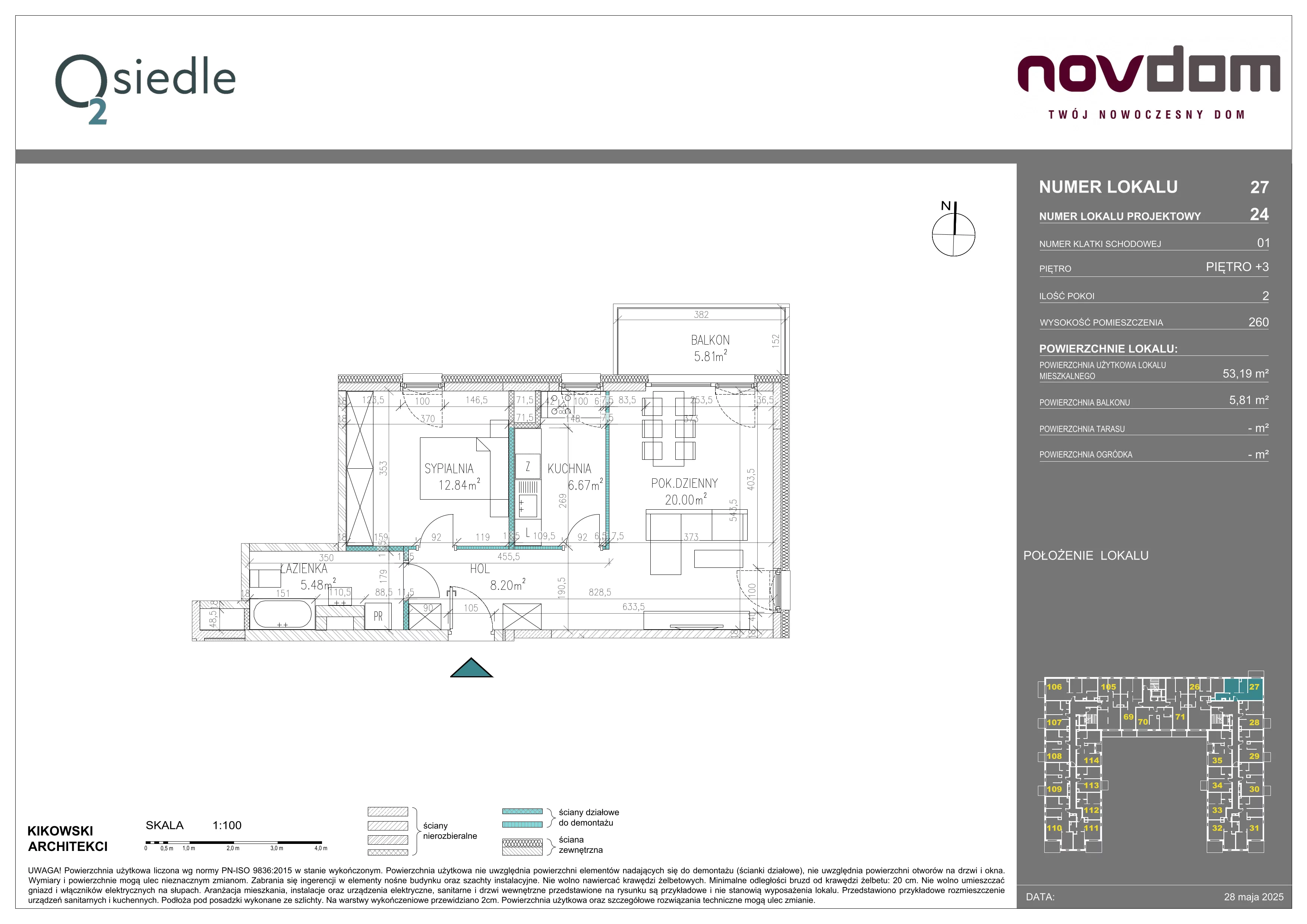 2 pokoje, apartament 53,19 m², piętro 3, oferta nr 24, Osiedle O2, Płońsk, ul. Klonowa