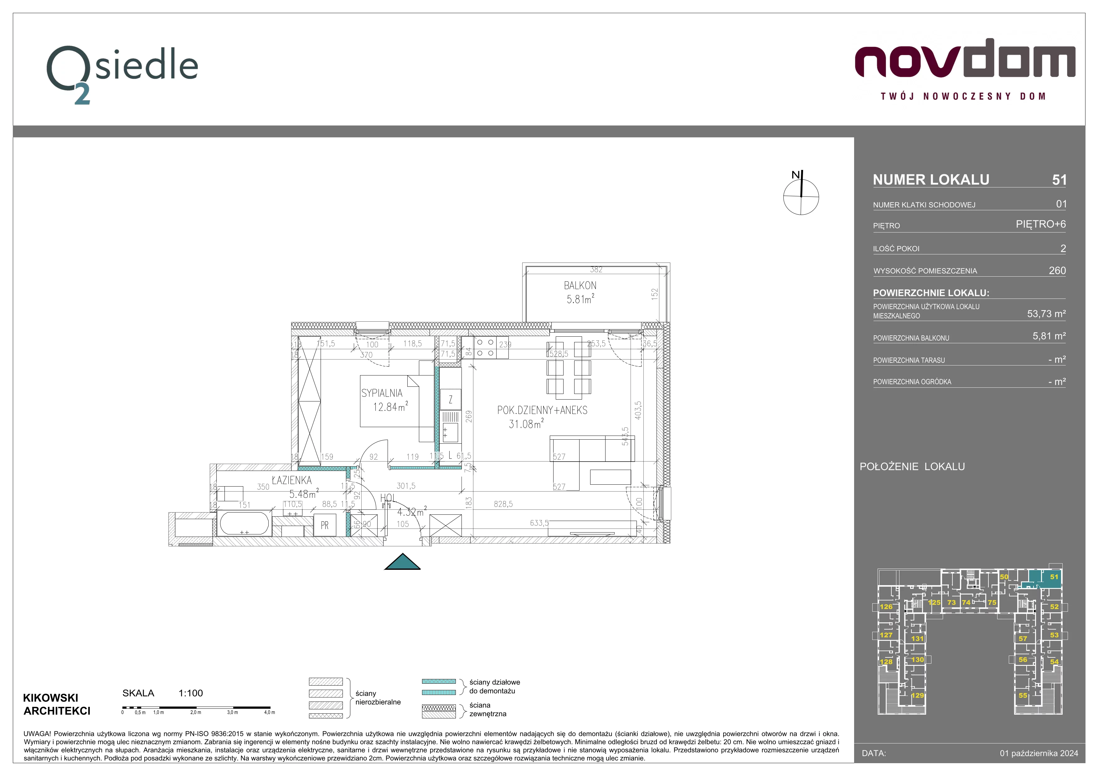 2 pokoje, apartament 53,73 m², piętro 6, oferta nr 51, Osiedle O2, Płońsk, ul. Klonowa