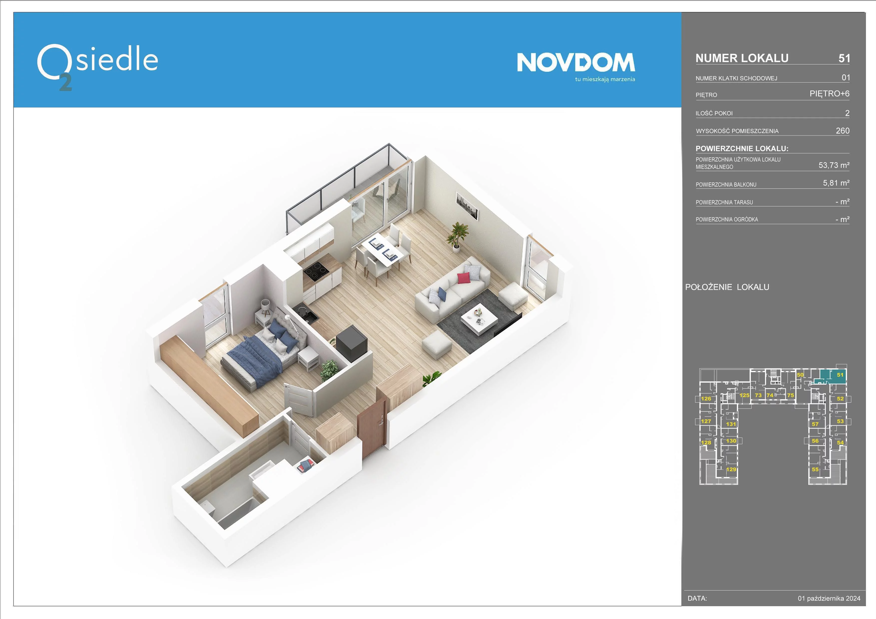 2 pokoje, apartament 53,73 m², piętro 6, oferta nr 51, Osiedle O2, Płońsk, ul. Klonowa
