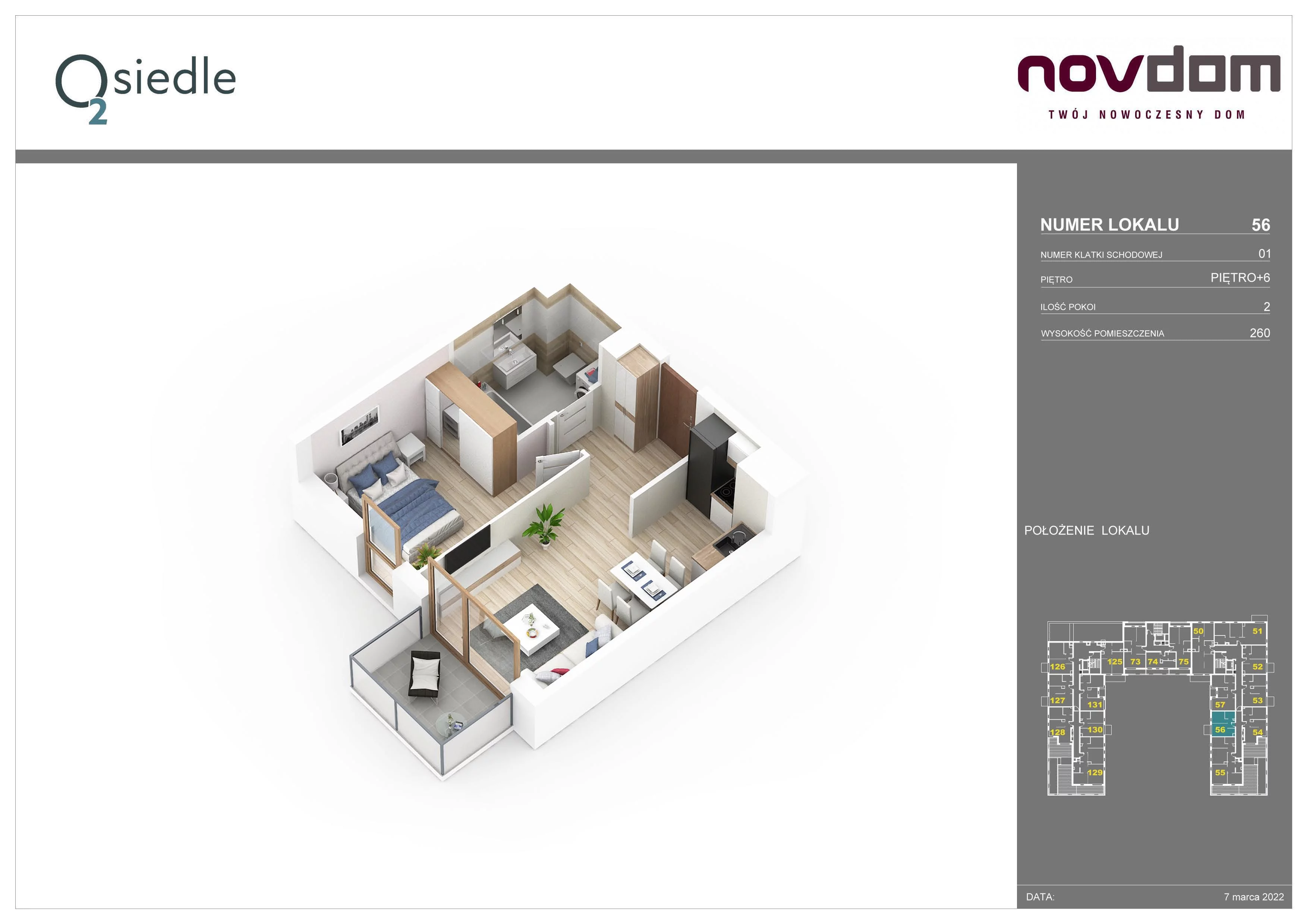 2 pokoje, apartament 34,74 m², piętro 6, oferta nr B/56, Osiedle O2, Płońsk, ul. Klonowa