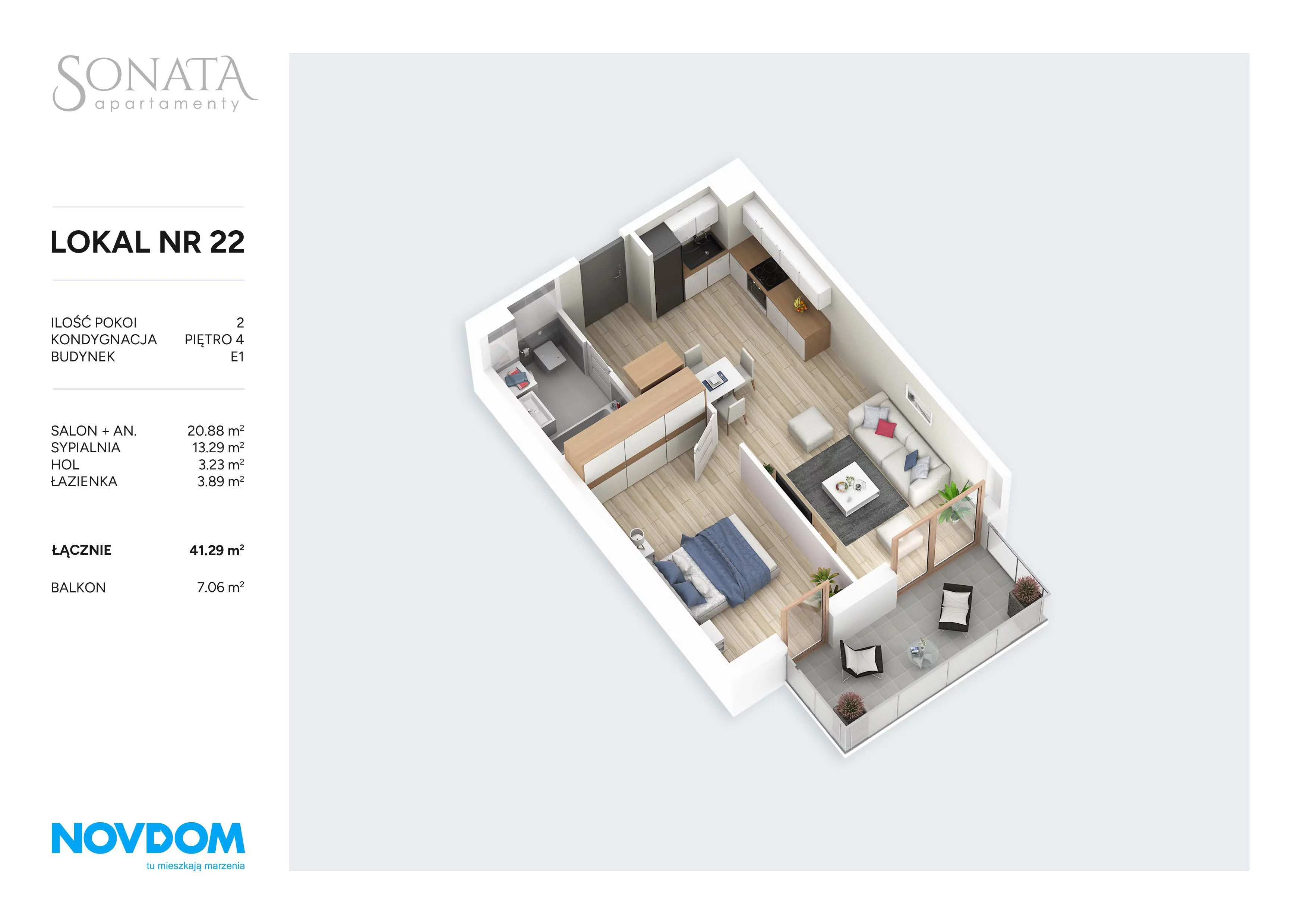 2 pokoje, apartament 41,29 m², piętro 4, oferta nr E1.22, Apartamenty Sonata III, Szczytno, ul. Lidzbarska
