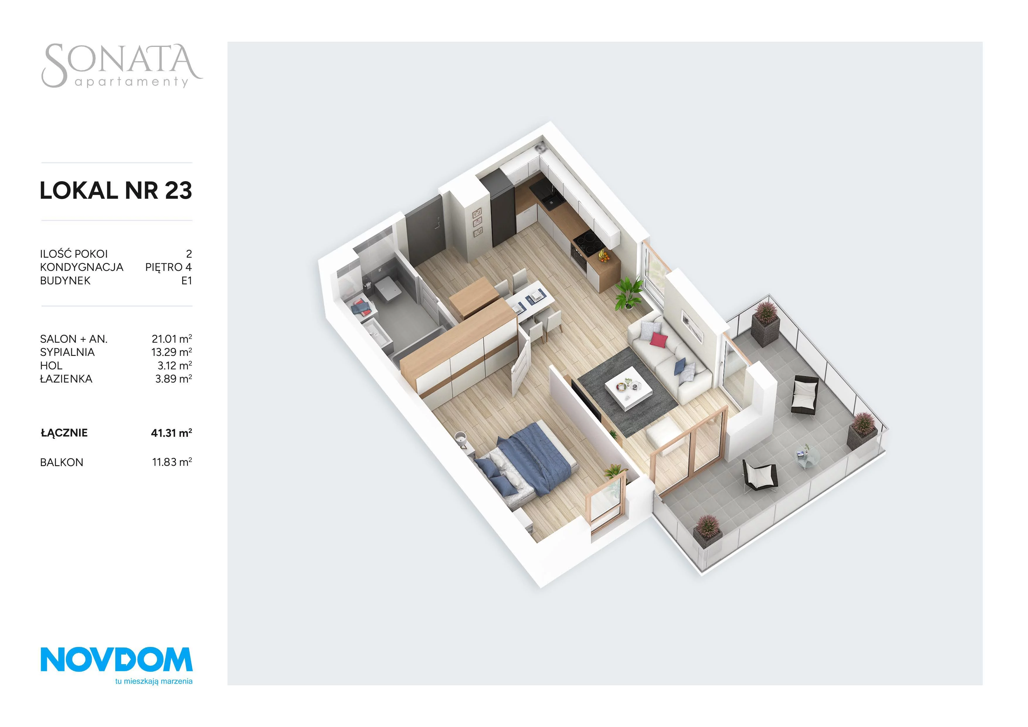 2 pokoje, apartament 41,31 m², piętro 4, oferta nr E1.23, Apartamenty Sonata III, Szczytno, ul. Lidzbarska