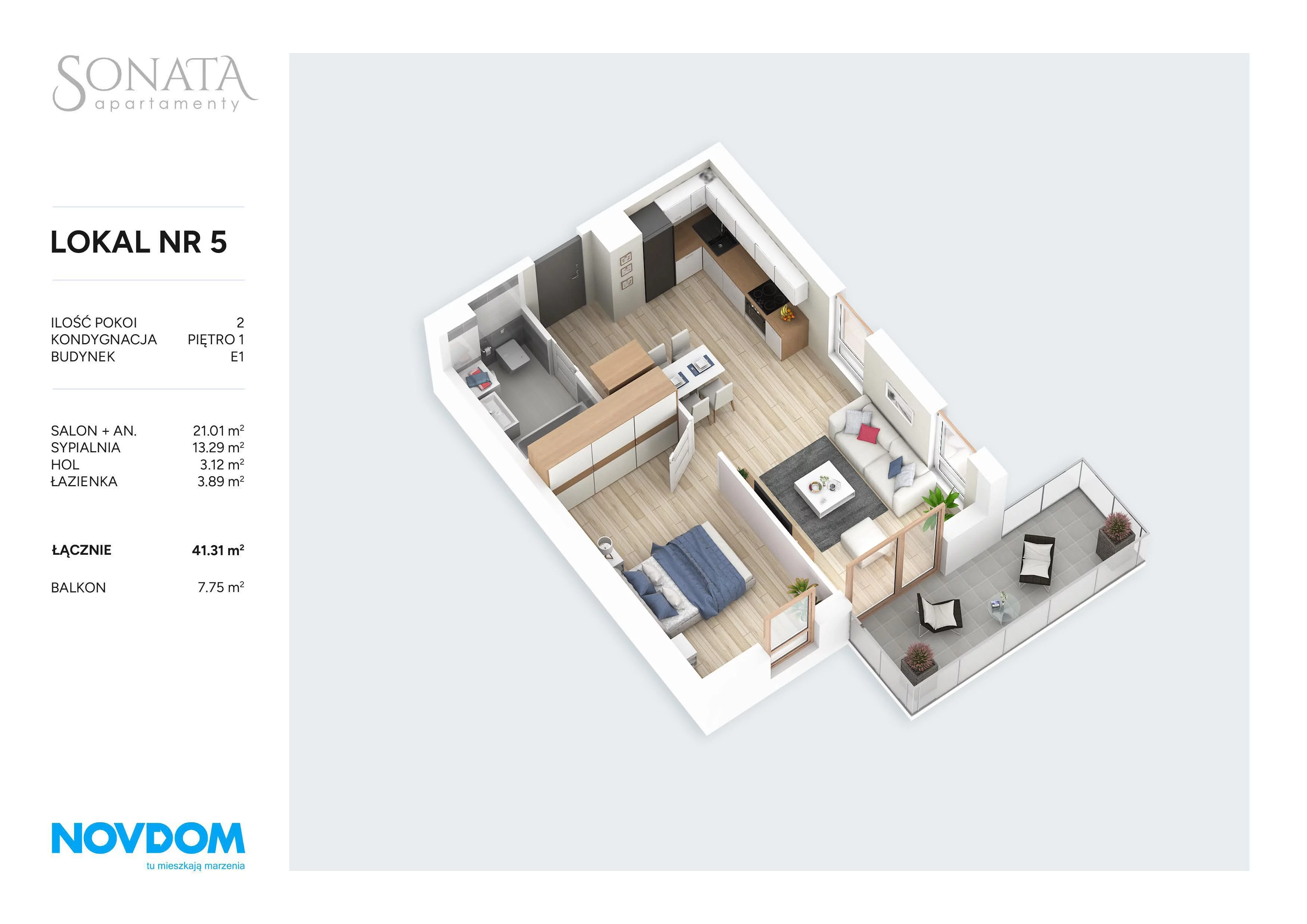 2 pokoje, apartament 41,31 m², piętro 1, oferta nr E1.5, Apartamenty Sonata III, Szczytno, ul. Lidzbarska