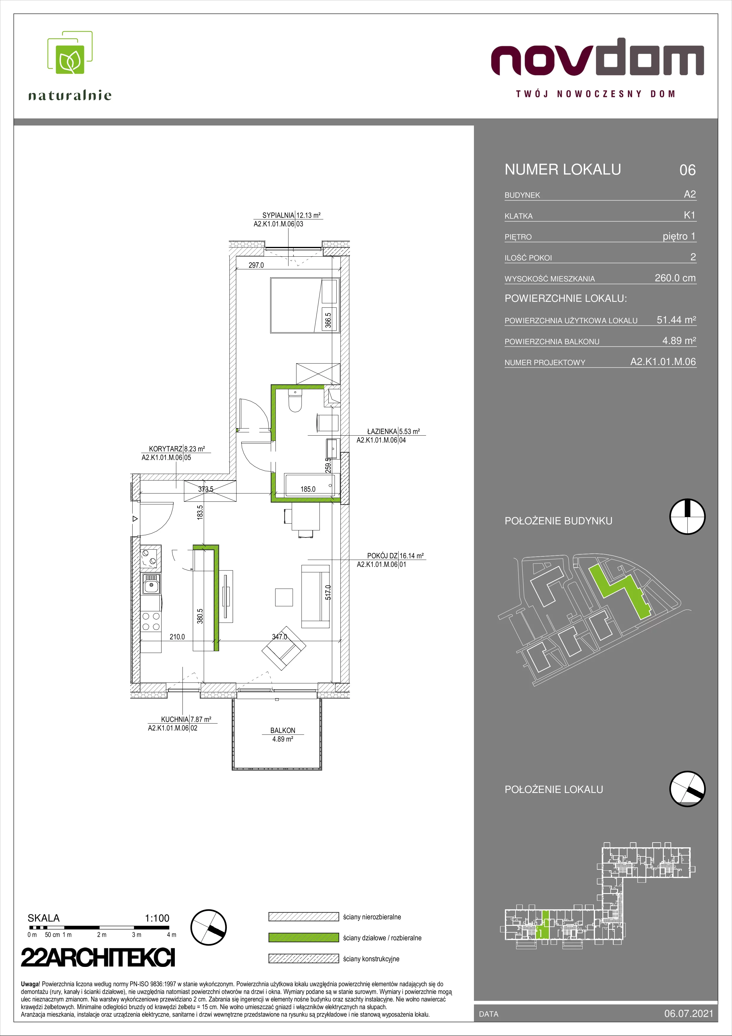 Apartament 51,44 m², piętro 1, oferta nr A2/6, Osiedle Naturalnie, Mława, ul. Nowowiejskiego