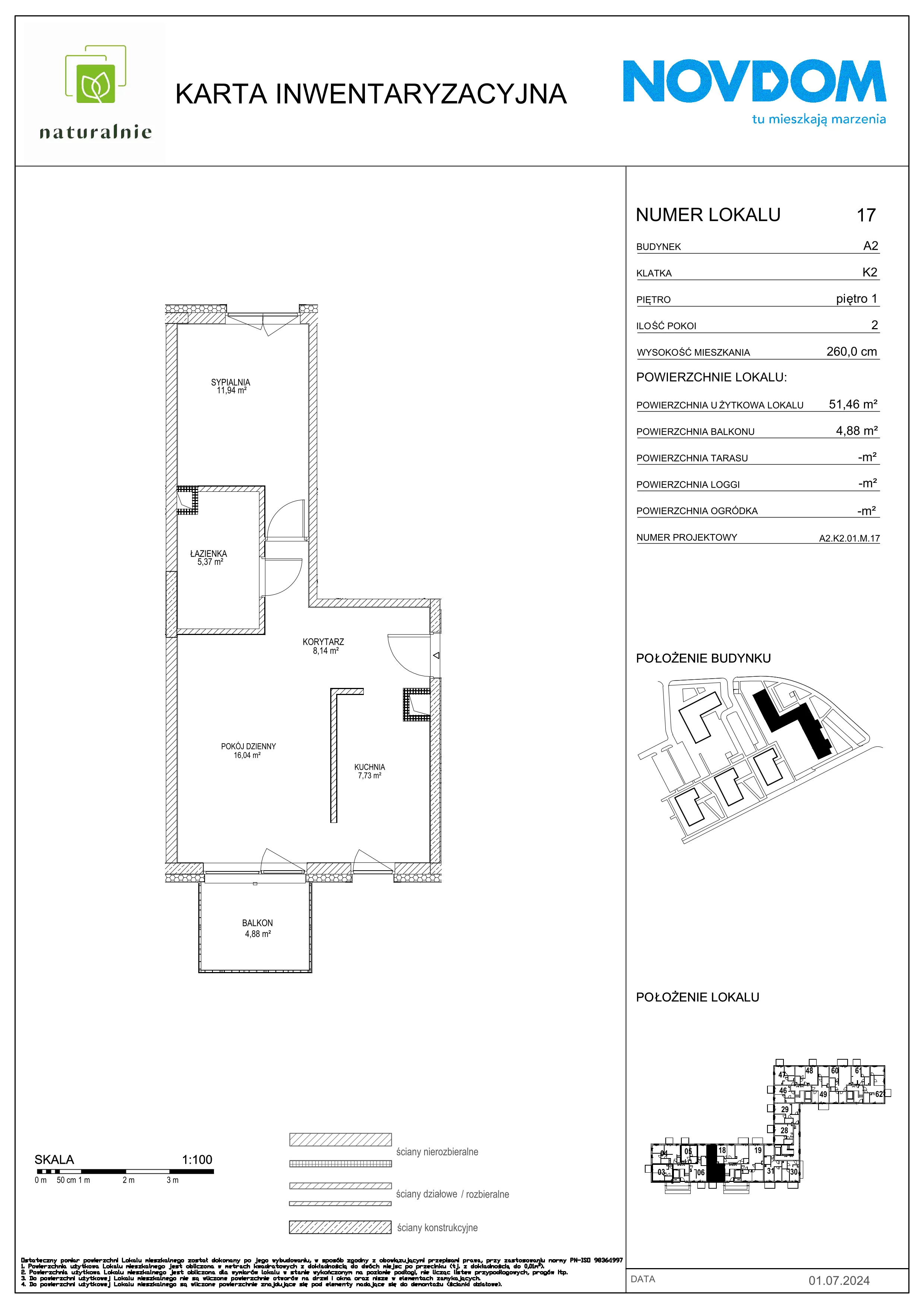 2 pokoje, apartament 51,47 m², piętro 1, oferta nr A2/17, Osiedle Naturalnie, Mława, ul. Nowowiejskiego