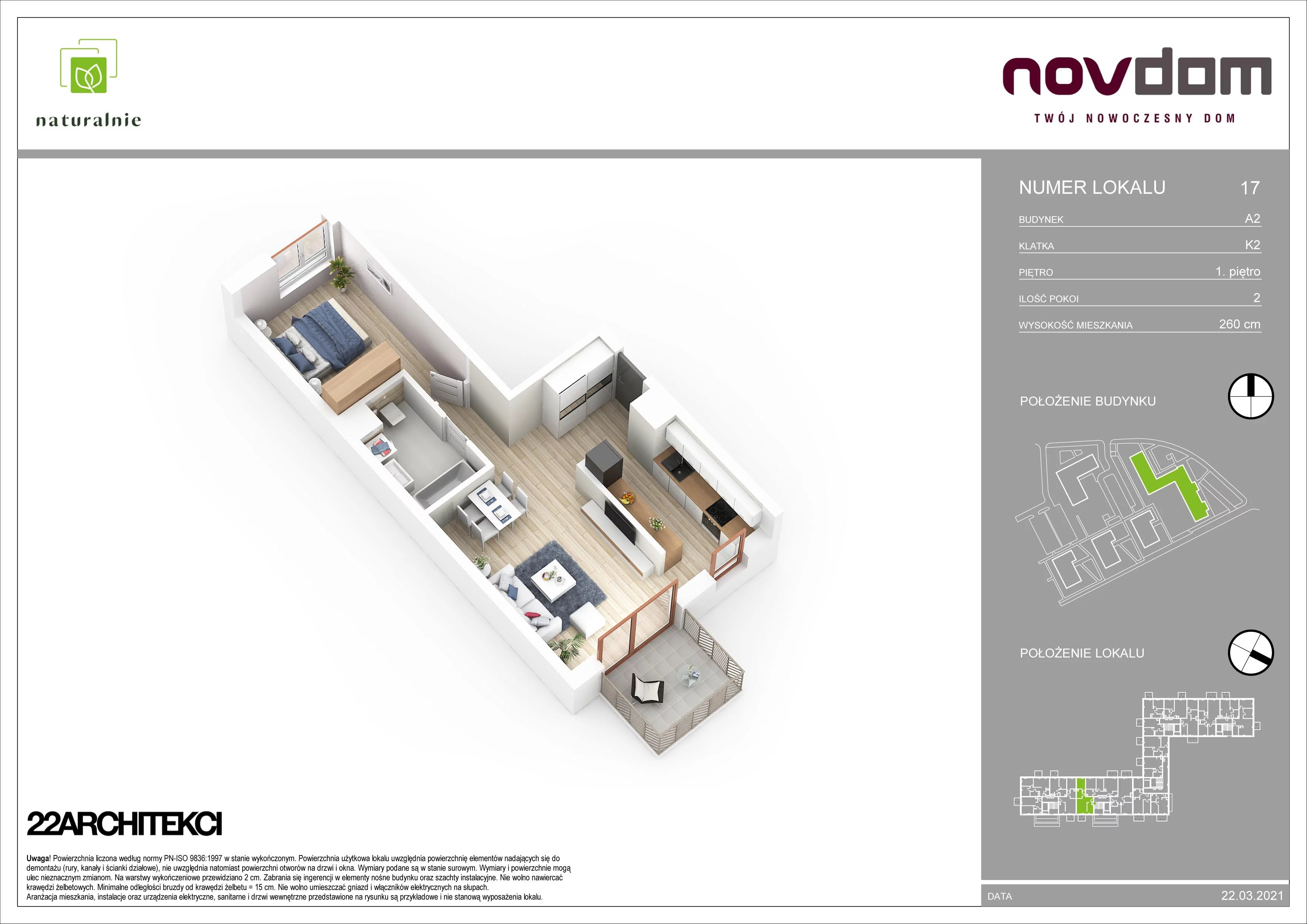2 pokoje, apartament 51,47 m², piętro 1, oferta nr A2/17, Osiedle Naturalnie, Mława, ul. Nowowiejskiego