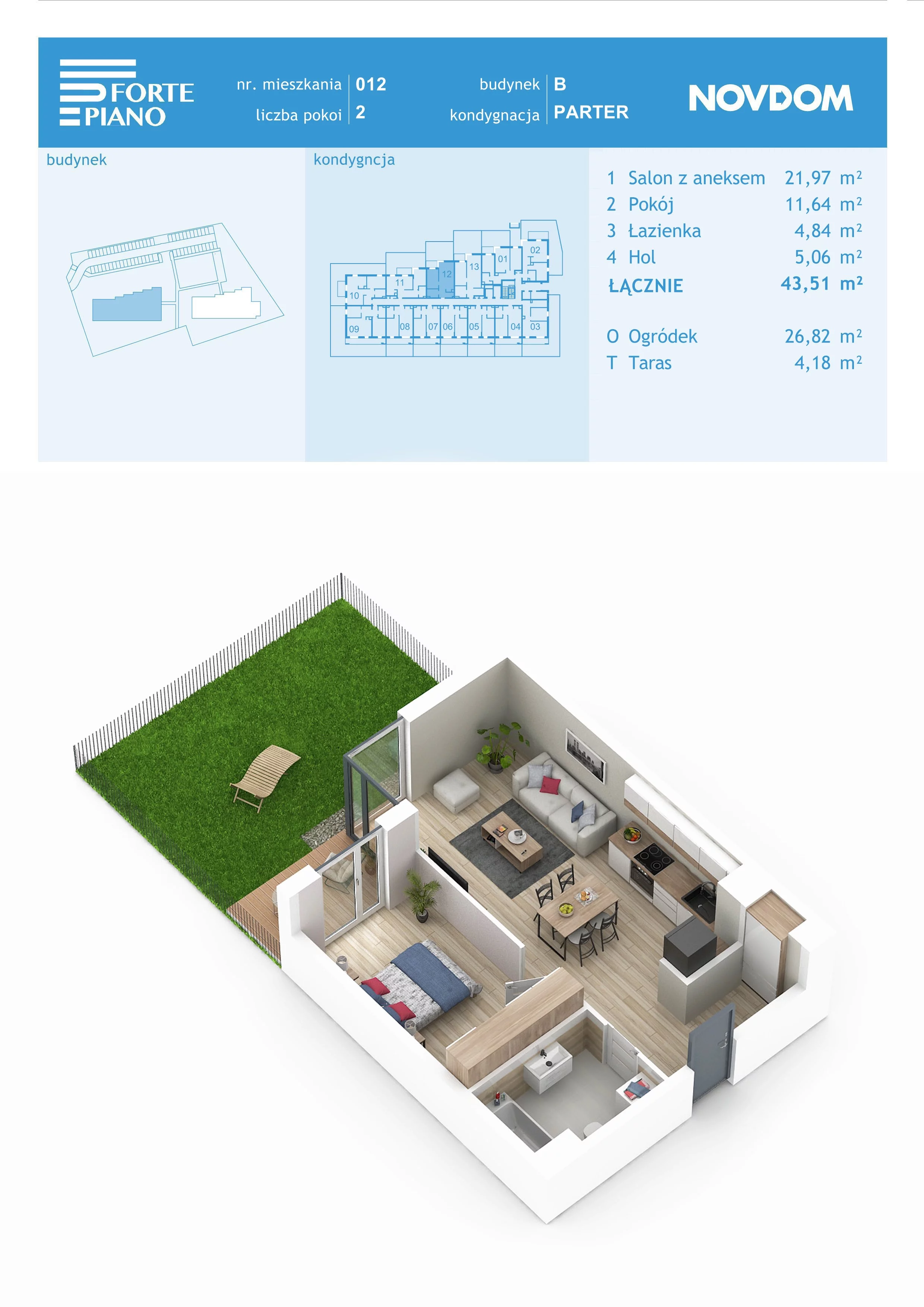 Apartament 43,51 m², parter, oferta nr B/12, Forte Piano, Ostrołęka, ul. Ostrołęckich Harcerzy