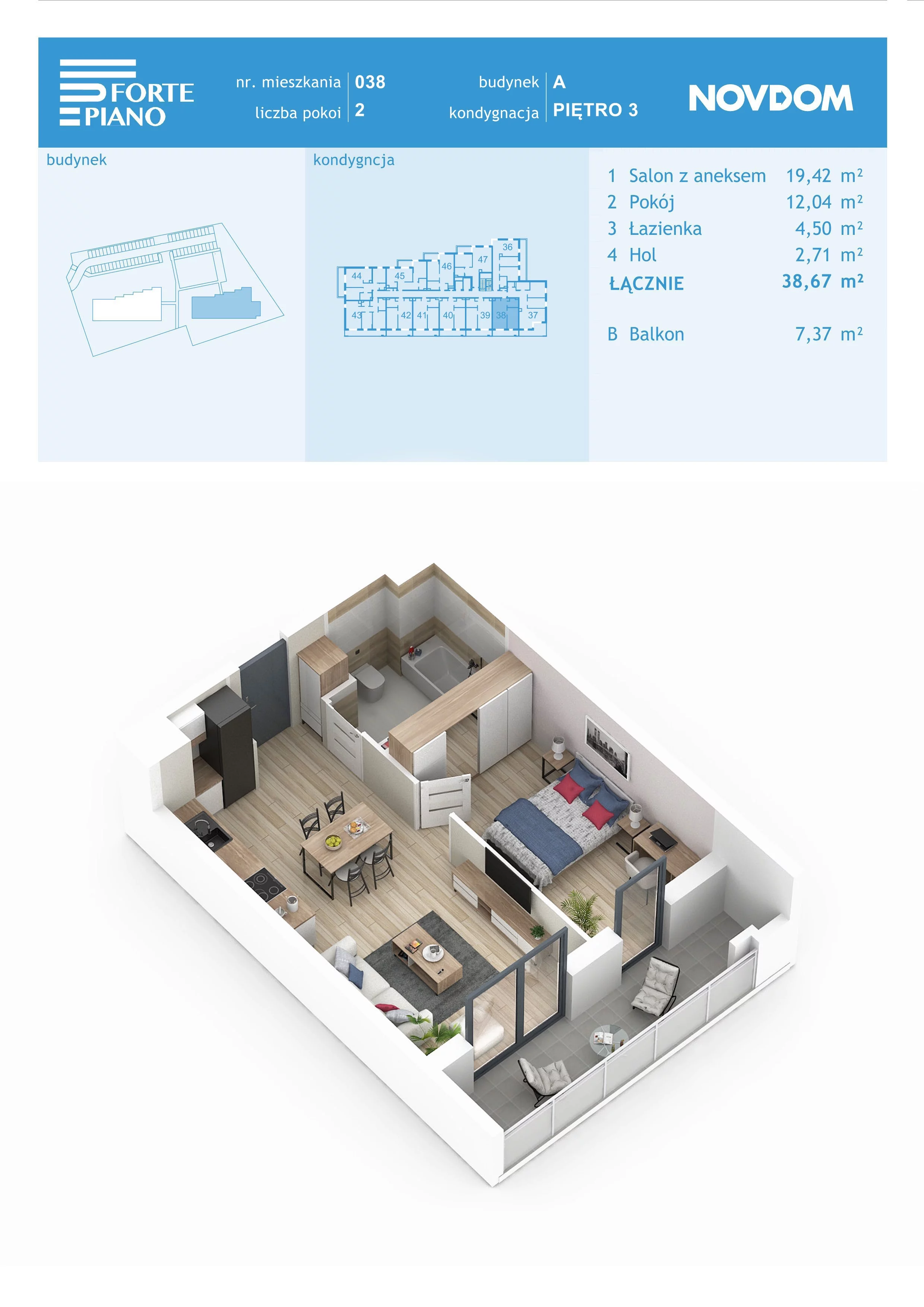 Apartament 38,67 m², piętro 3, oferta nr A/38, Forte Piano, Ostrołęka, ul. Ostrołęckich Harcerzy