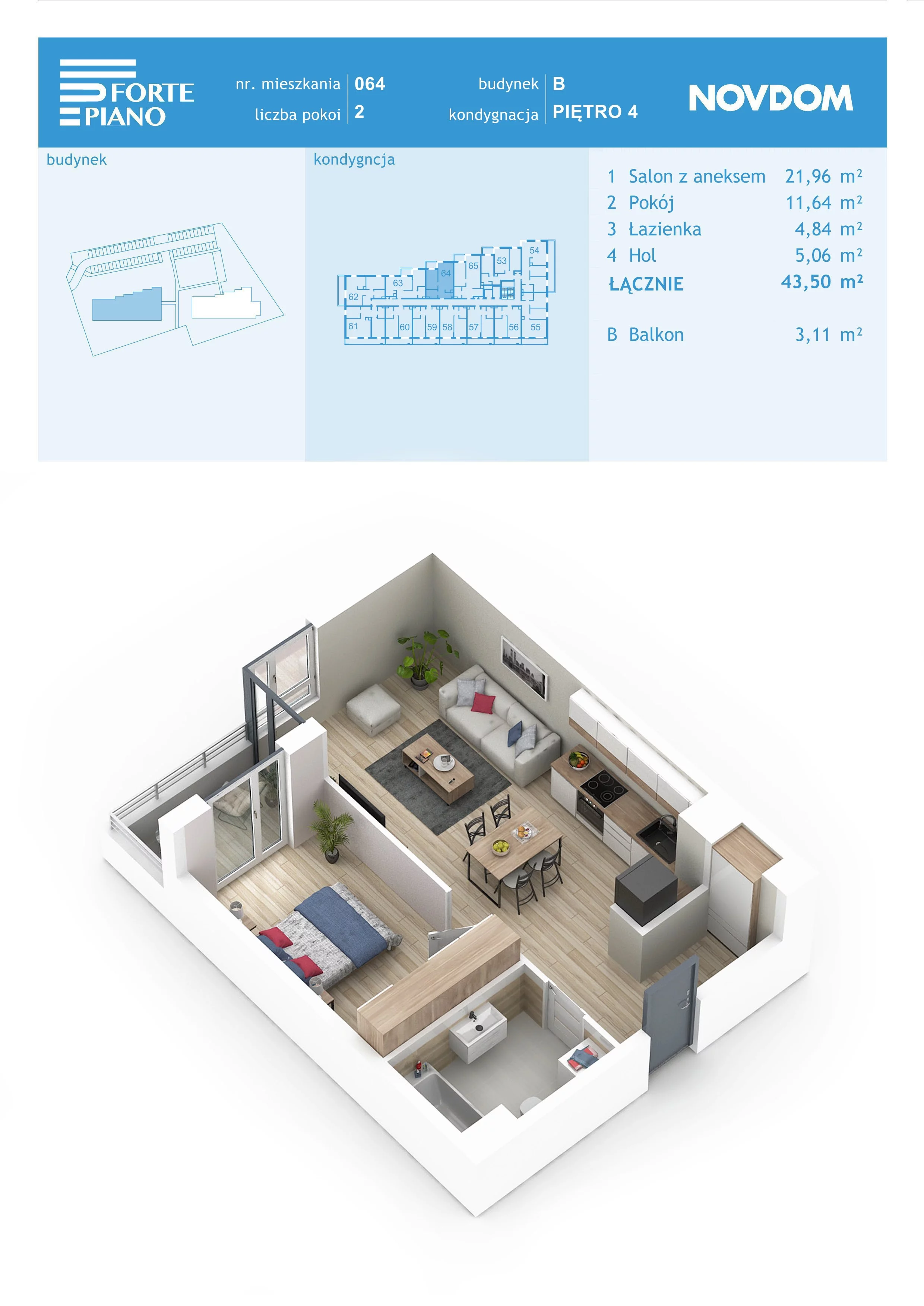 Apartament 43,50 m², piętro 4, oferta nr B/64, Forte Piano, Ostrołęka, ul. Ostrołęckich Harcerzy-idx