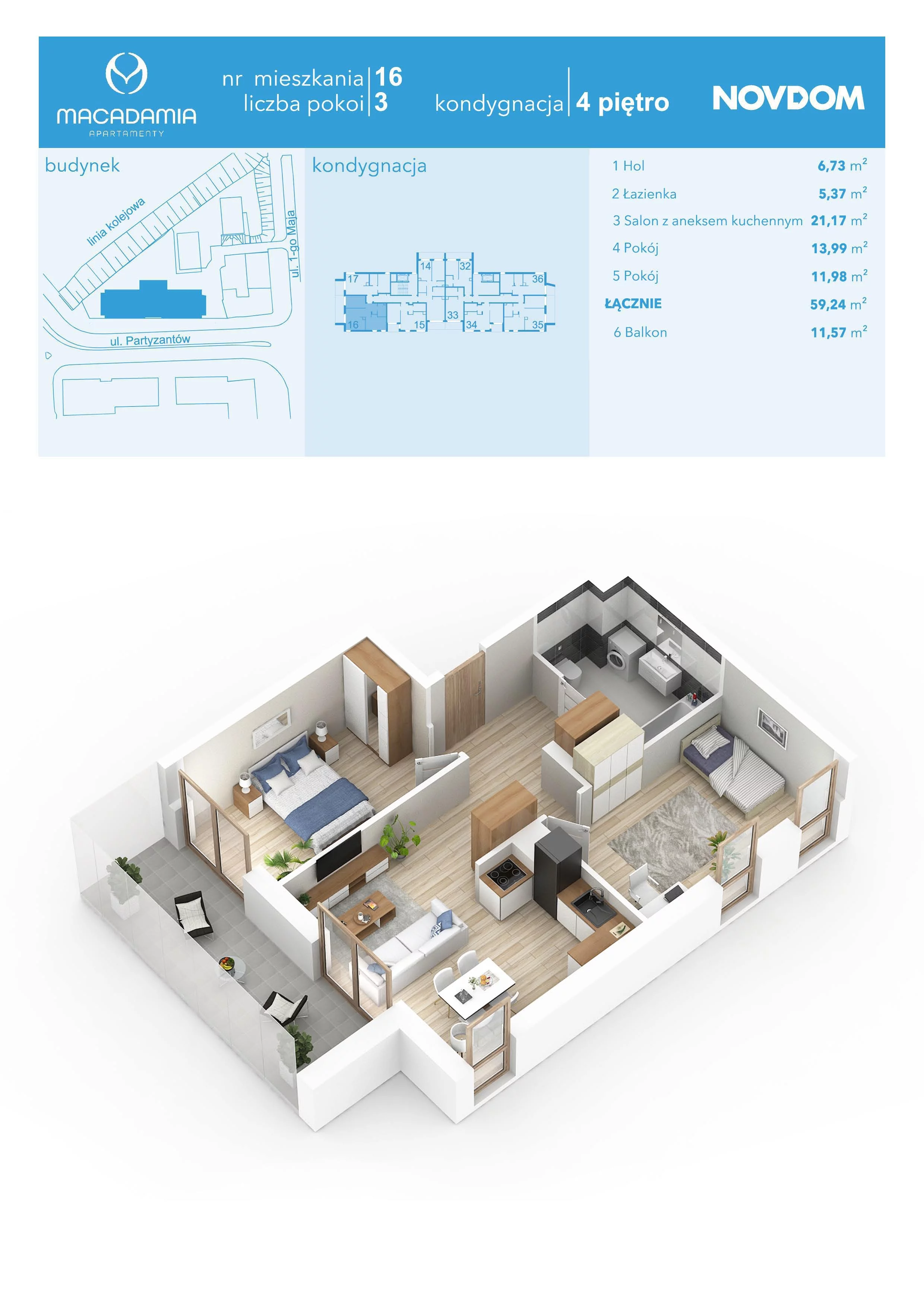 Apartament 59,24 m², piętro 4, oferta nr 1/16, Apartamenty Macadamia, Olsztyn, Śródmieście, ul. 1 Maja