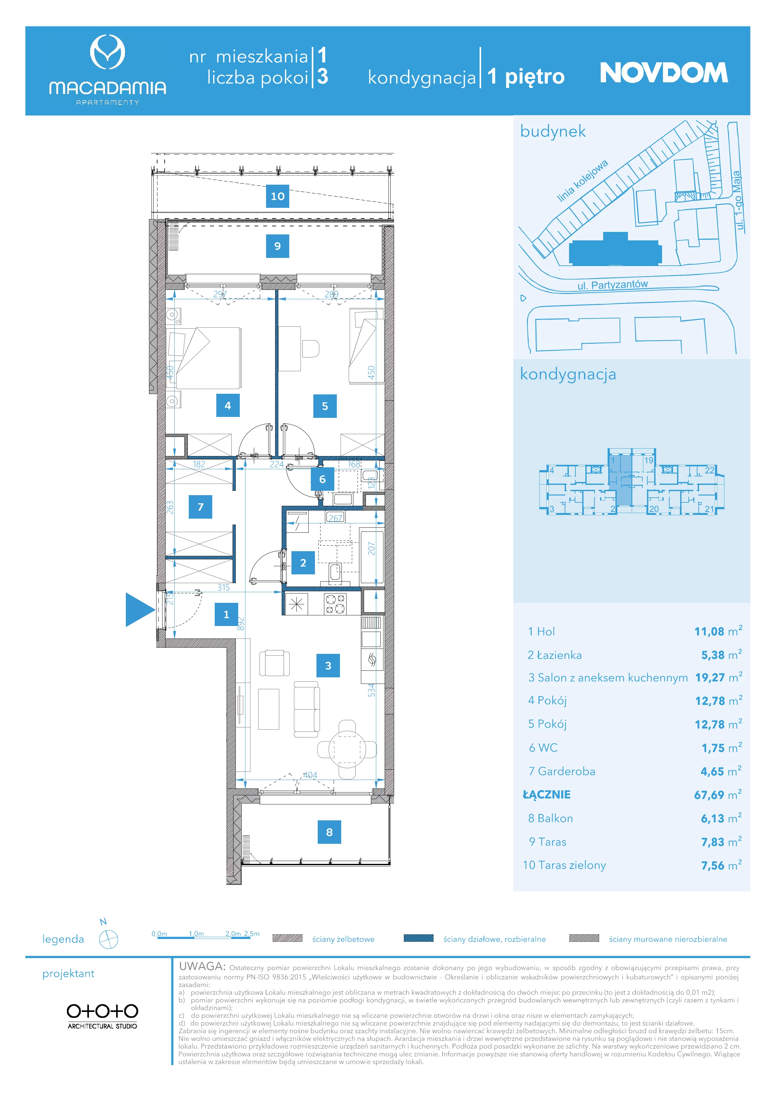 3 pokoje, apartament 67,69 m², piętro 1, oferta nr 1/1, Apartamenty Macadamia, Olsztyn, Śródmieście, ul. 1 Maja