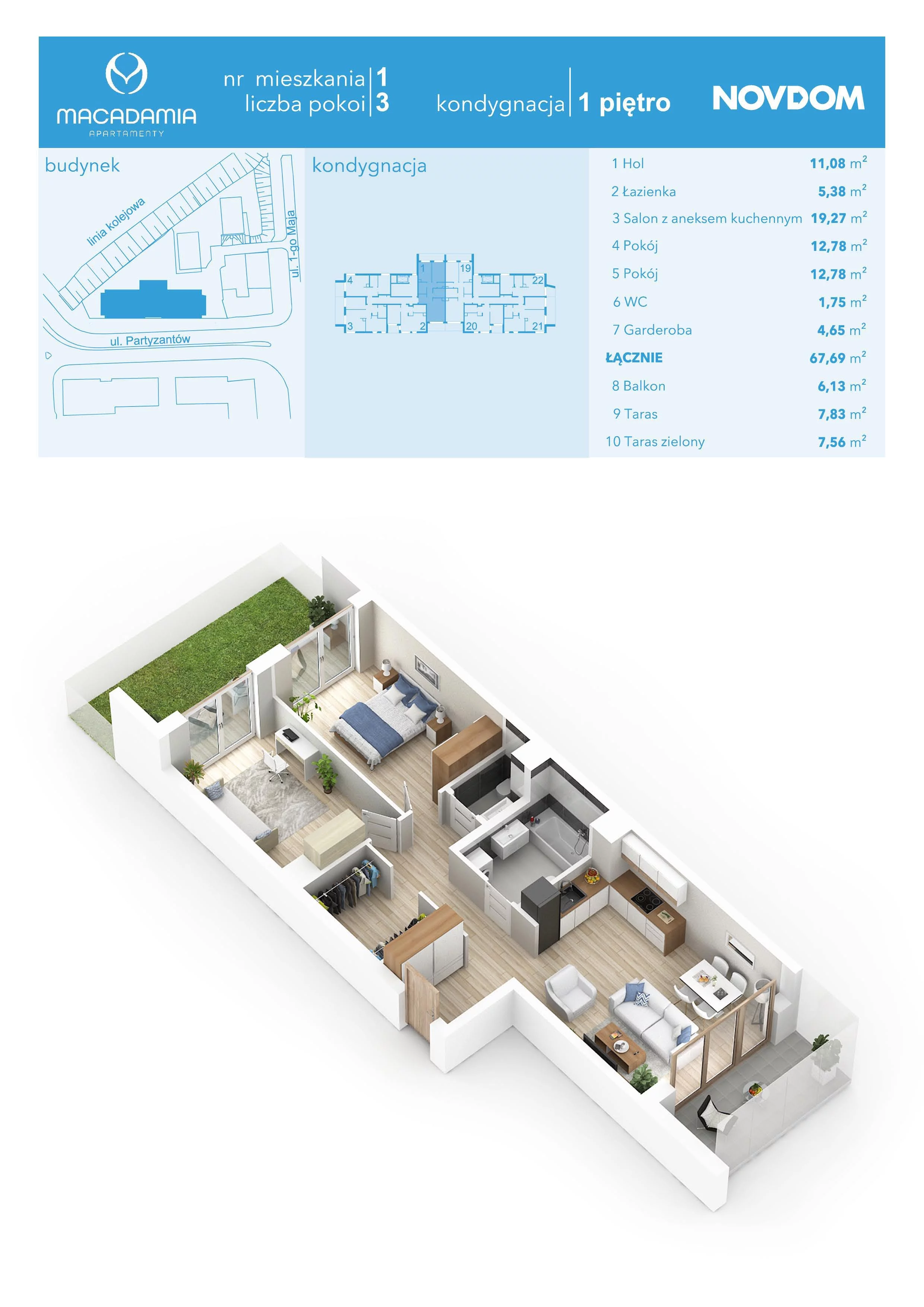 3 pokoje, apartament 67,69 m², piętro 1, oferta nr 1/1, Apartamenty Macadamia, Olsztyn, Śródmieście, ul. 1 Maja