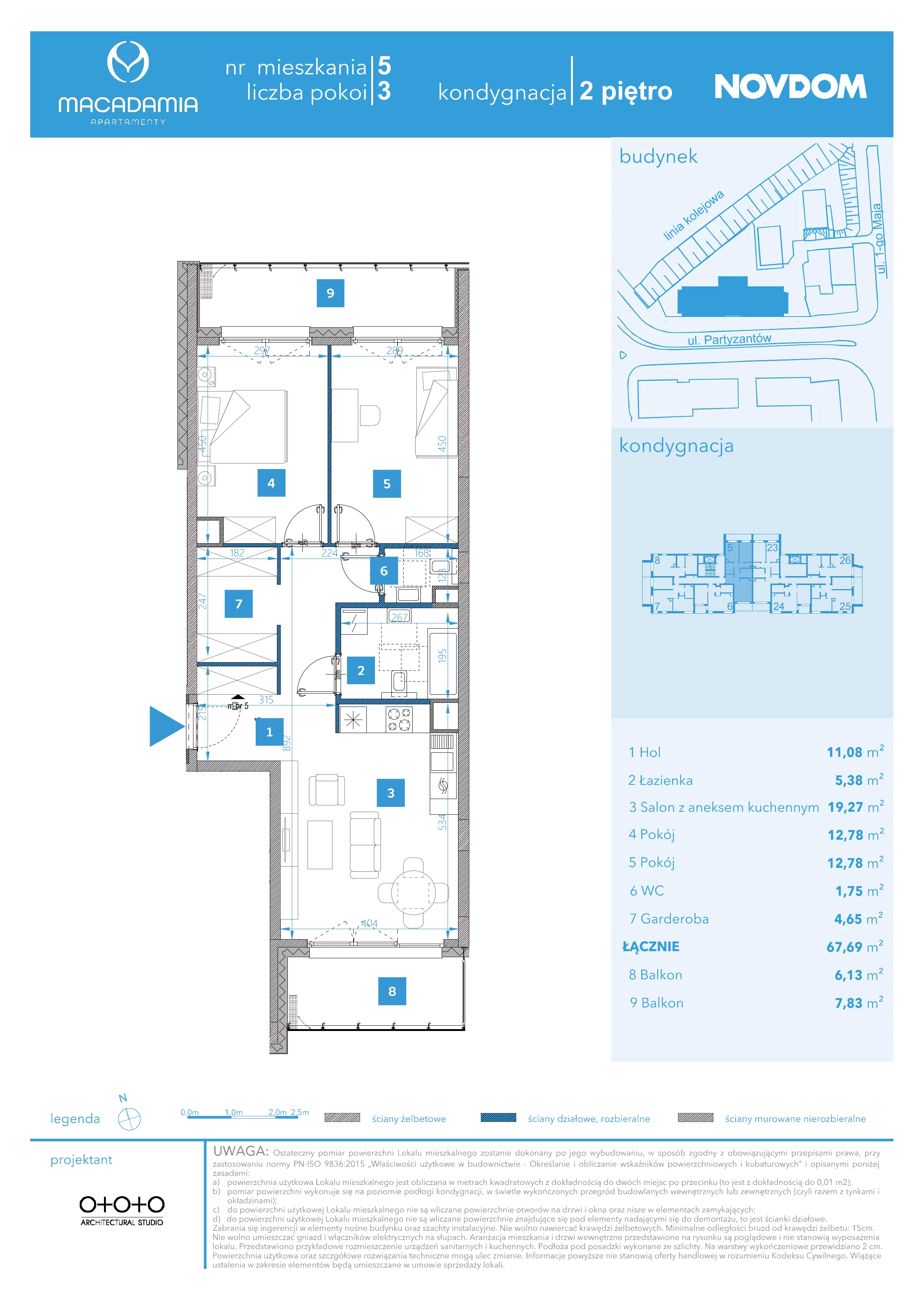 3 pokoje, apartament 67,69 m², piętro 2, oferta nr 1/5, Apartamenty Macadamia, Olsztyn, Śródmieście, ul. 1 Maja